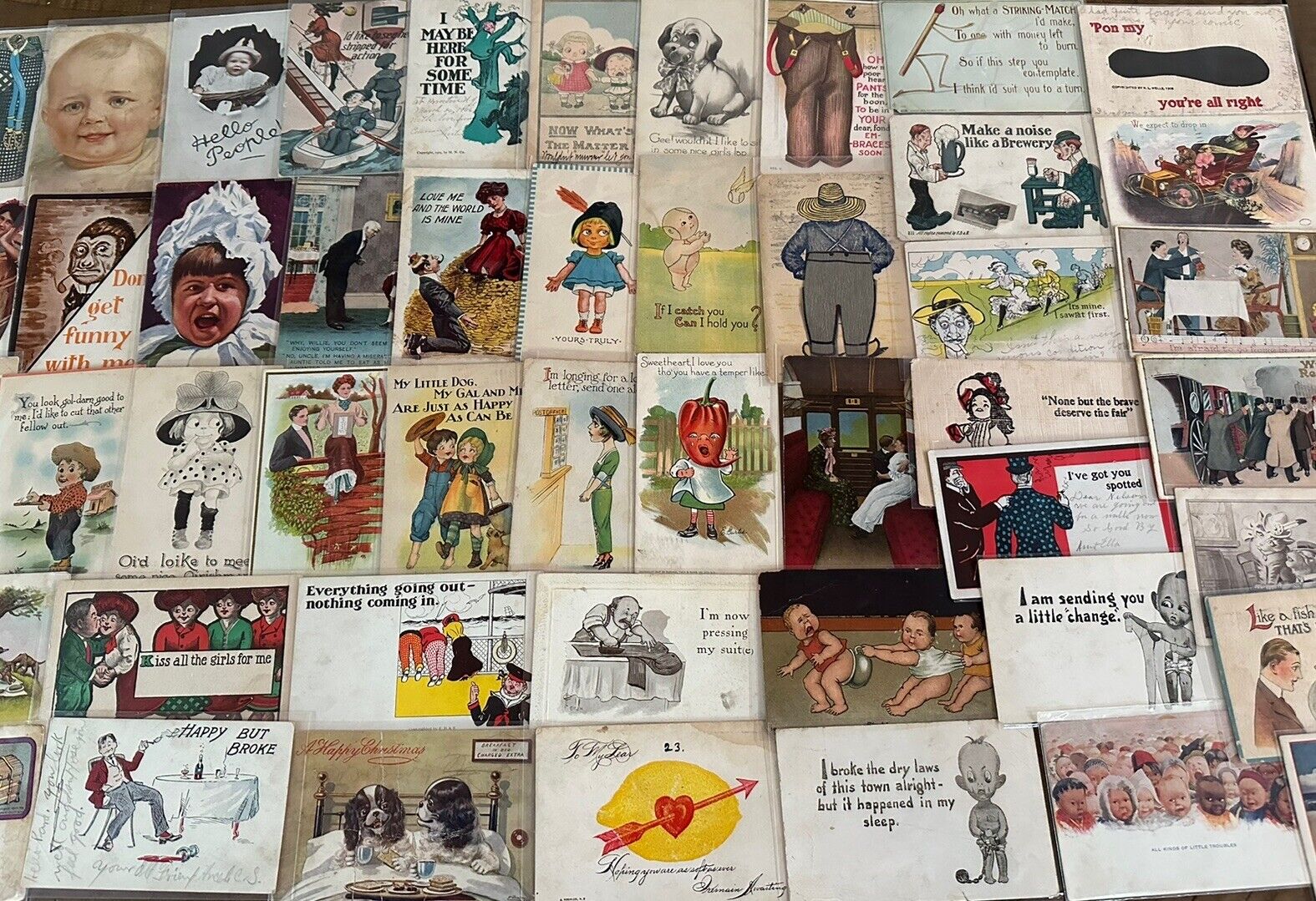 Big~LOT OF 65 Old~COMIC  funny~HUMOR Vintage 1900s~POSTCARDS-All In Sleeves-h282