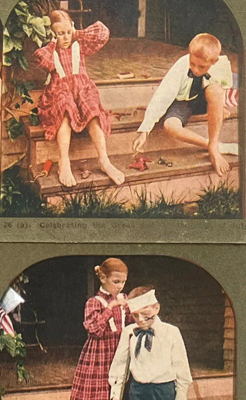 Atq Stereoscope Stereograph (2) Photo Cards Color Litho Circa Late 1800s Whimsy