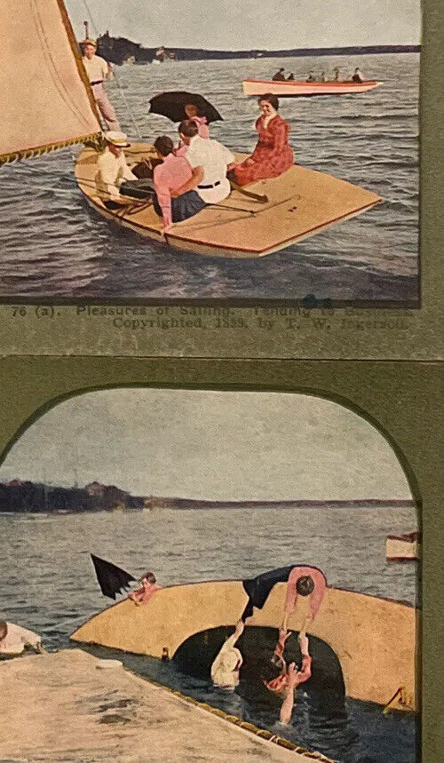Atq Stereoscope Stereograph (2) Photo Cards Color LItho Circa Late 1800s Boats