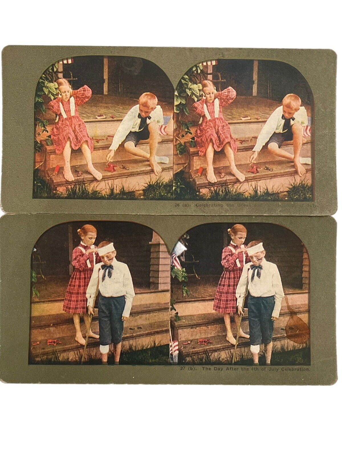 Atq Stereoscope Stereograph (2) Photo Cards Color Litho Circa Late 1800s Whimsy