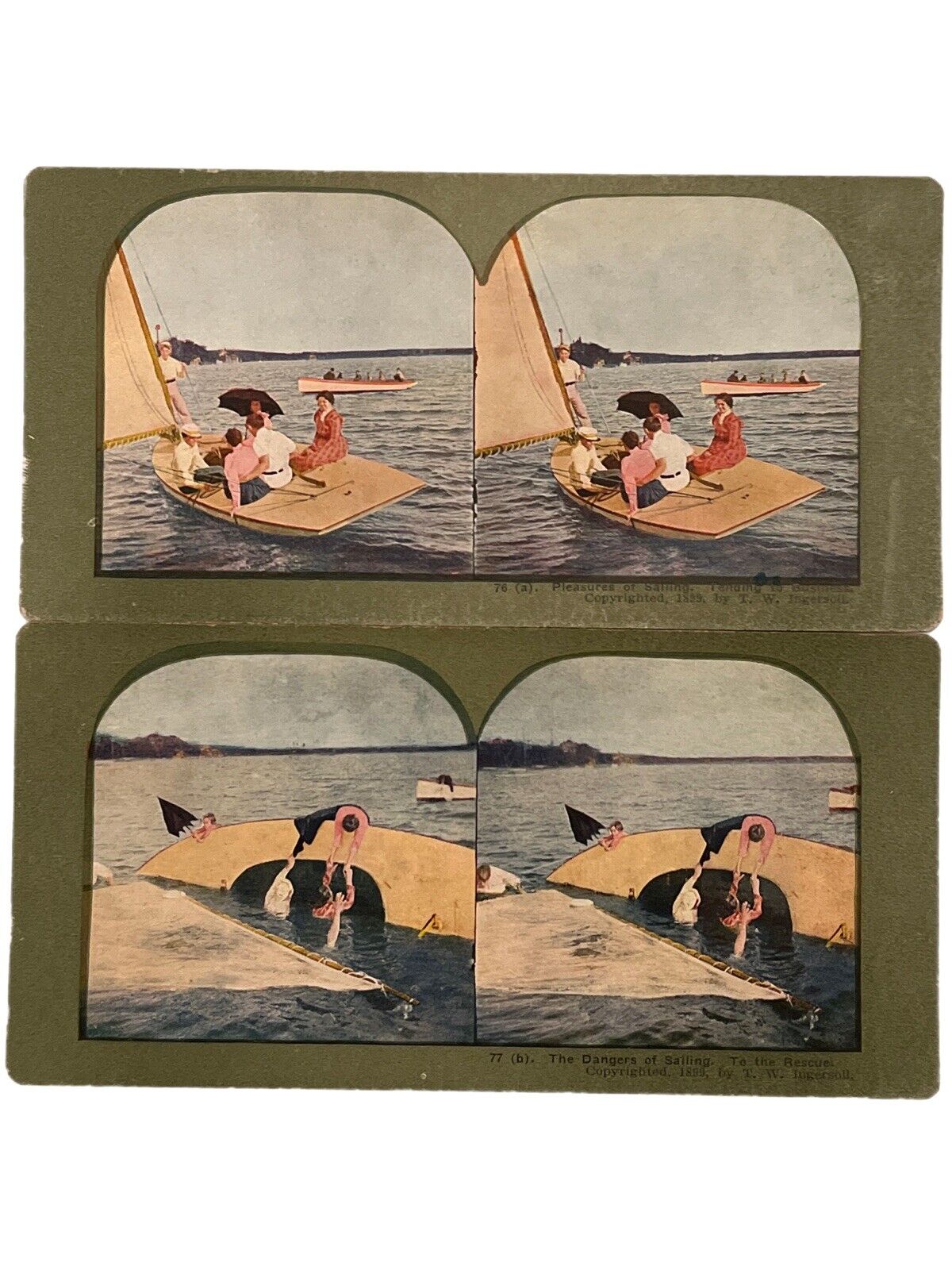 Atq Stereoscope Stereograph (2) Photo Cards Color LItho Circa Late 1800s Boats