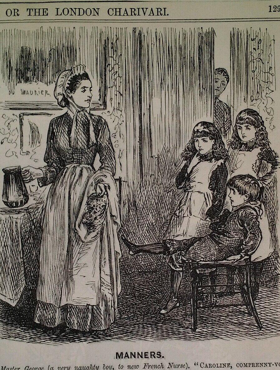 1800s Antique Illustration Print Original Rare VHTF Punch Mag French Maid Boy