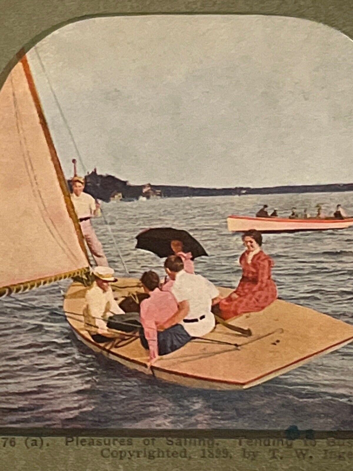 Atq Stereoscope Stereograph (2) Photo Cards Color LItho Circa Late 1800s Boats