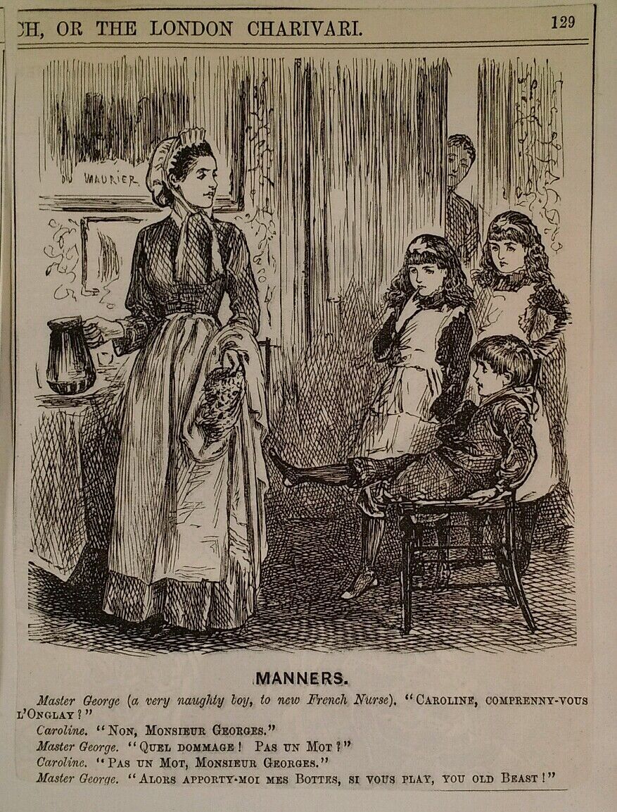 1800s Antique Illustration Print Original Rare VHTF Punch Mag French Maid Boy 