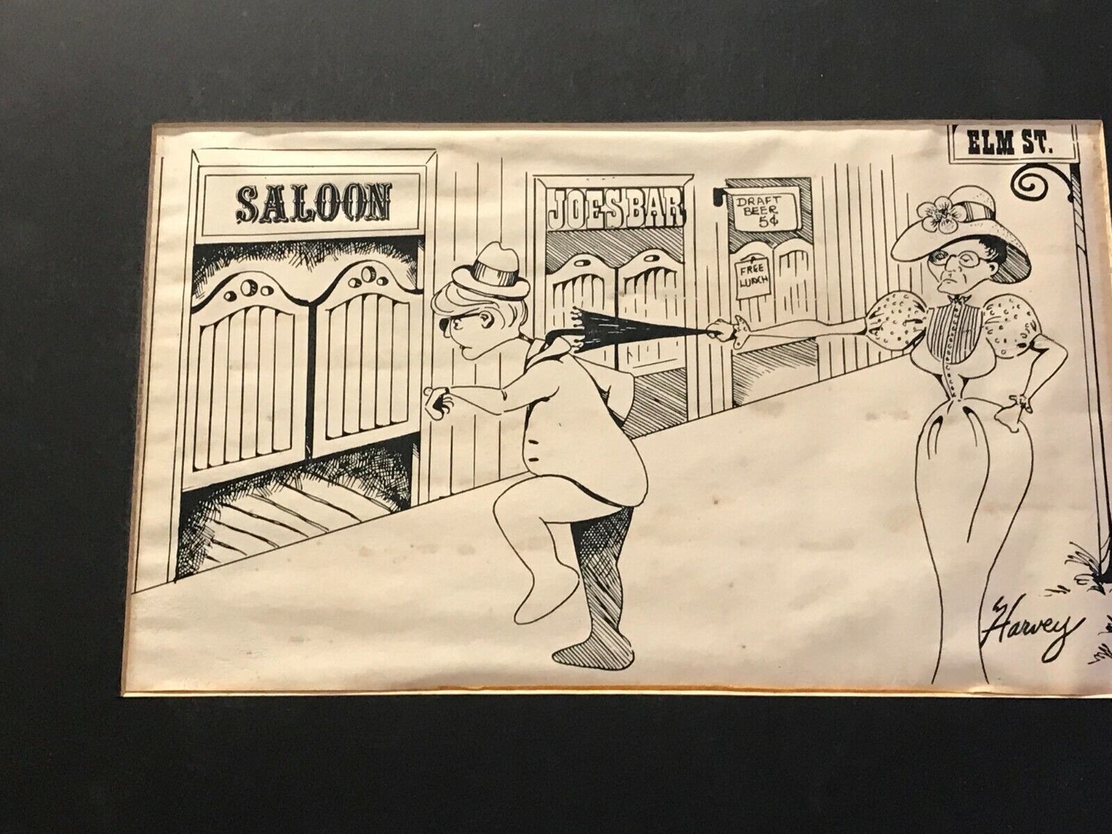 Vtg Cartoon &  Mat 1800's Dress Man Saloon Woman Stop Him w/ Umbrella Sgn HARVEY