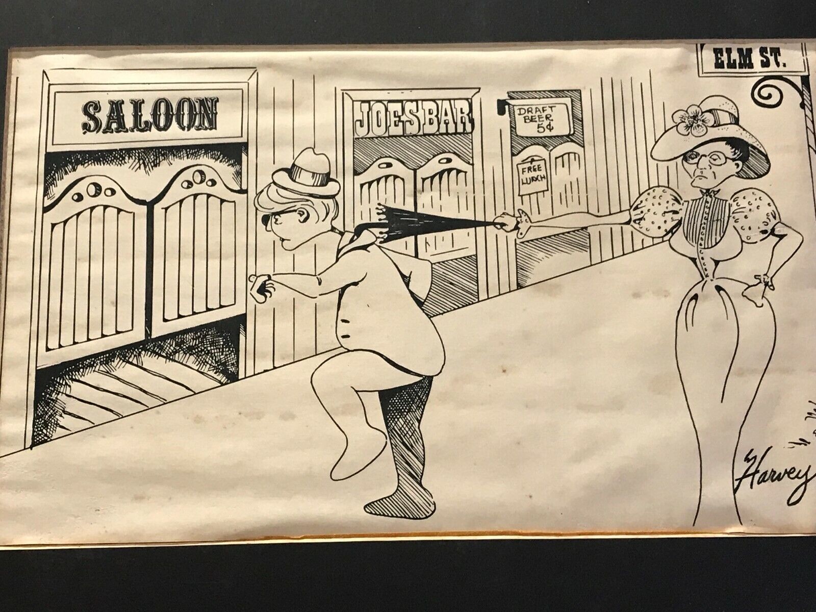 Vtg Cartoon &  Mat 1800's Dress Man Saloon Woman Stop Him w/ Umbrella Sgn HARVEY
