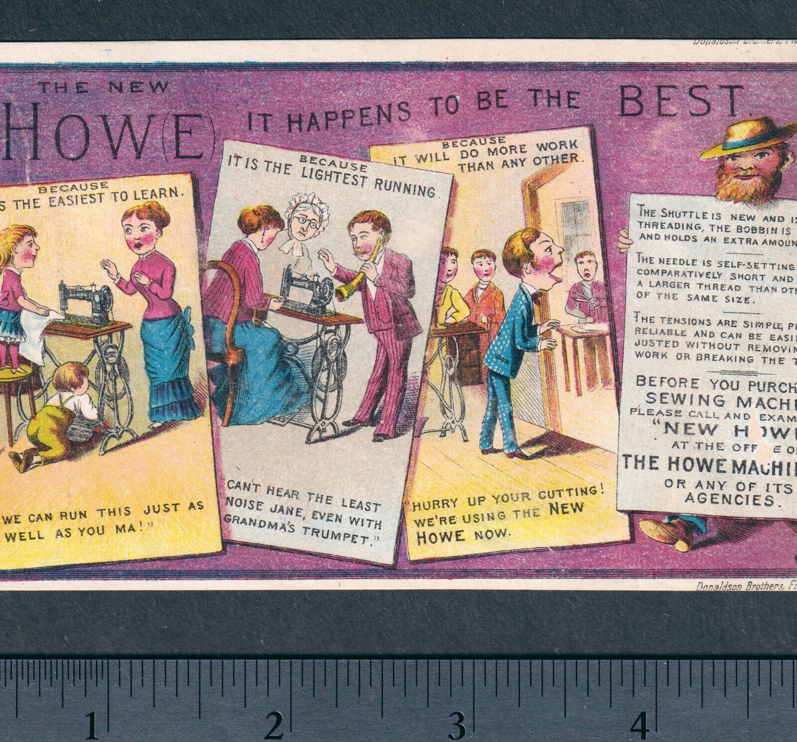 Antique 1800's comic strip Howe Sewing Machine Hearing Aid Ear Trumpet Horn CARD