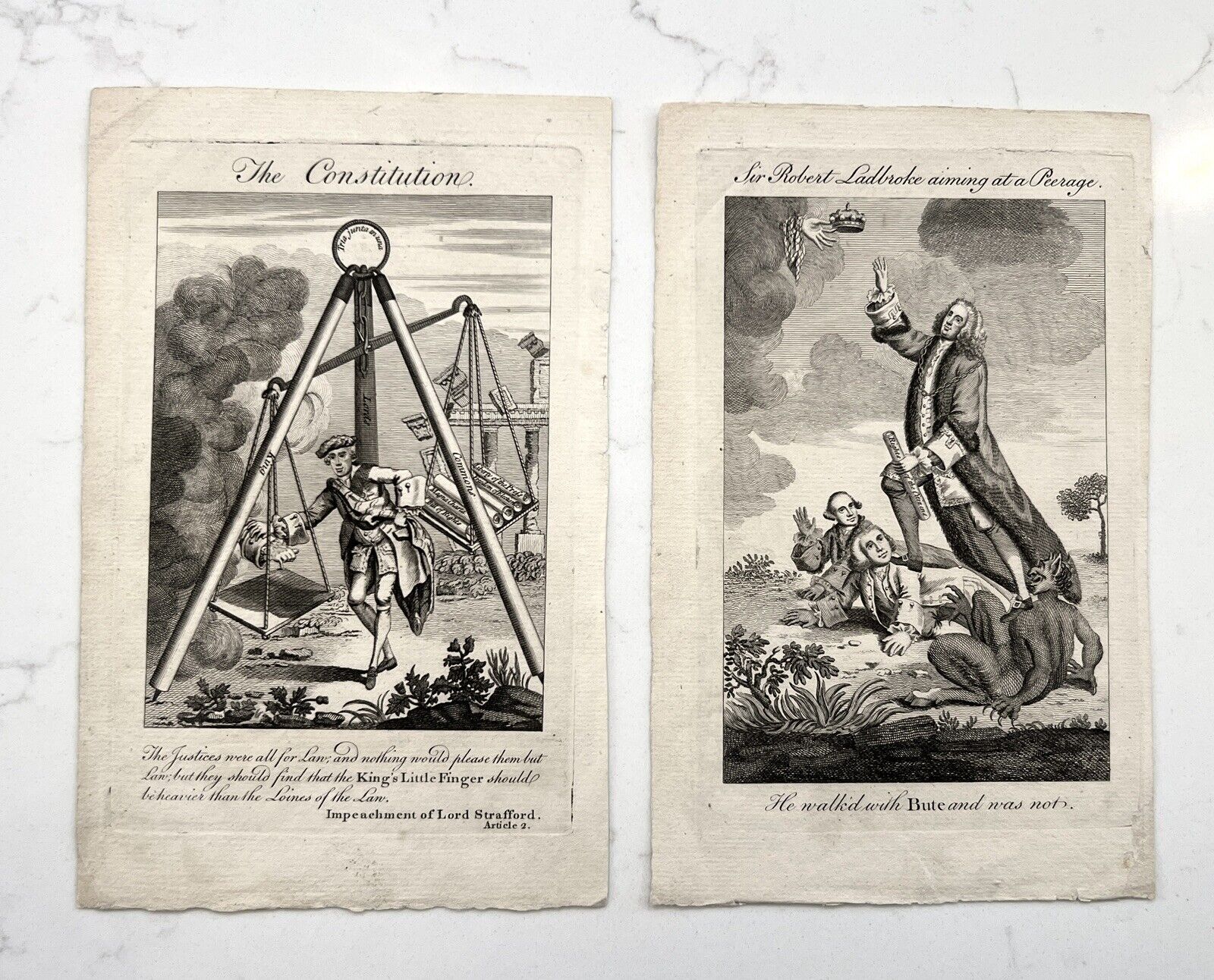 Two Antique 1700’s English Political Cartoons Engraving Constitution Etc