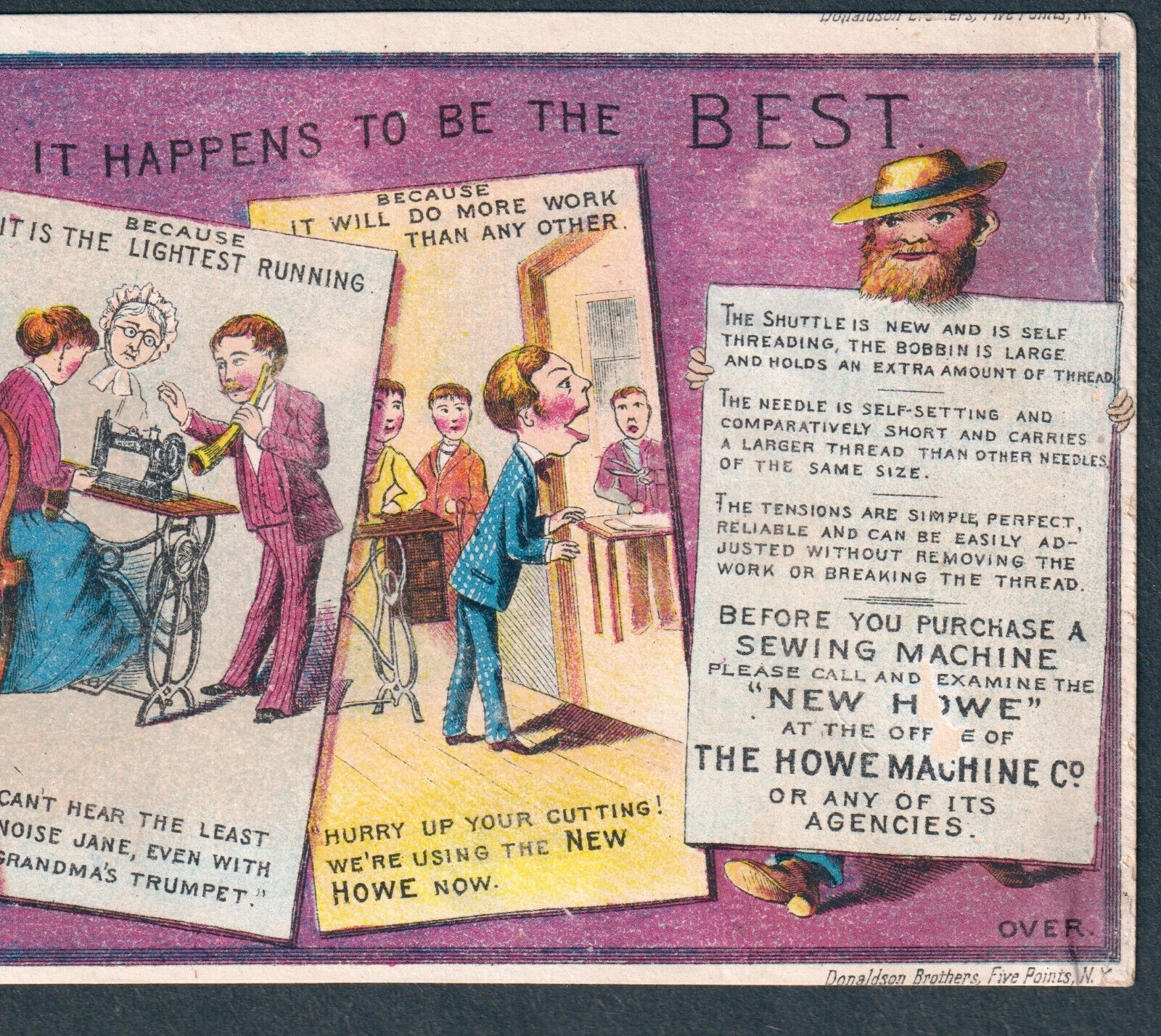 Antique 1800's comic strip Howe Sewing Machine Hearing Aid Ear Trumpet Horn CARD