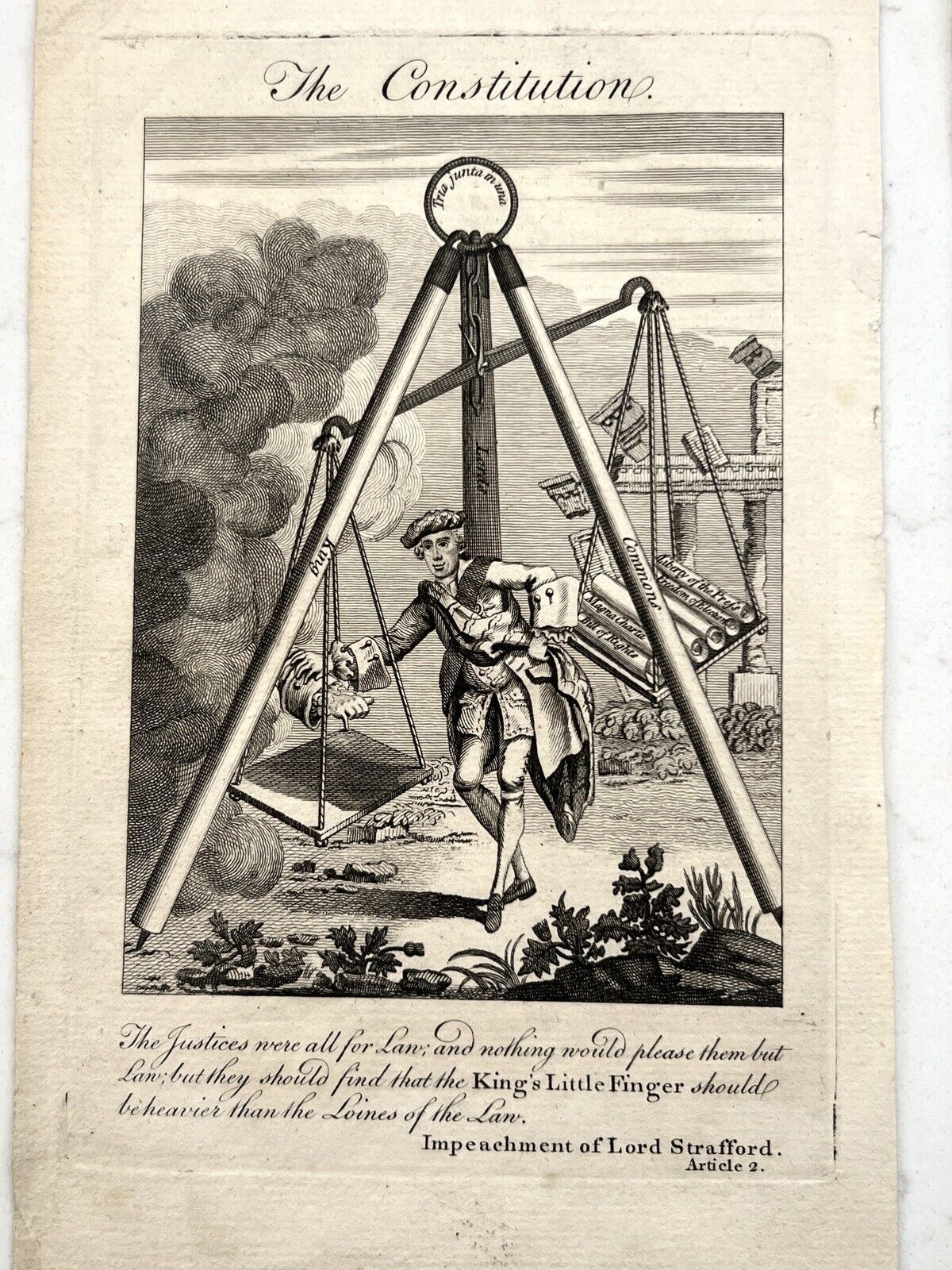 Two Antique 1700’s English Political Cartoons Engraving Constitution Etc