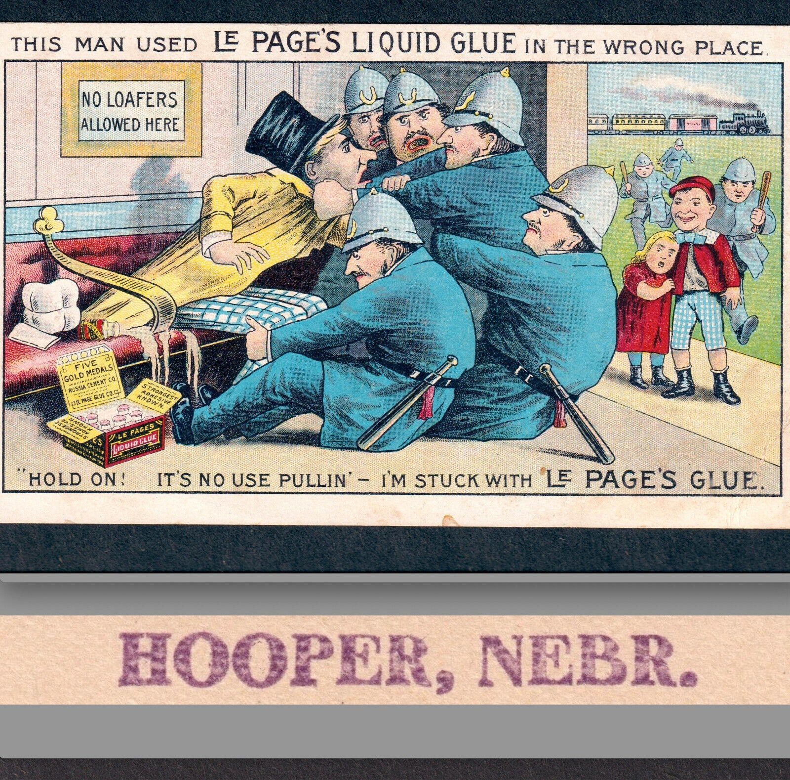 Hooper Nebraska 1800's Train Station LePages Glue Bottle Ad Cop Comic Trade Card