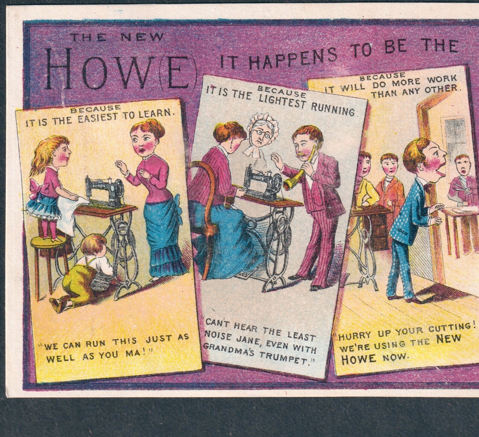 Antique 1800's comic strip Howe Sewing Machine Hearing Aid Ear Trumpet Horn CARD