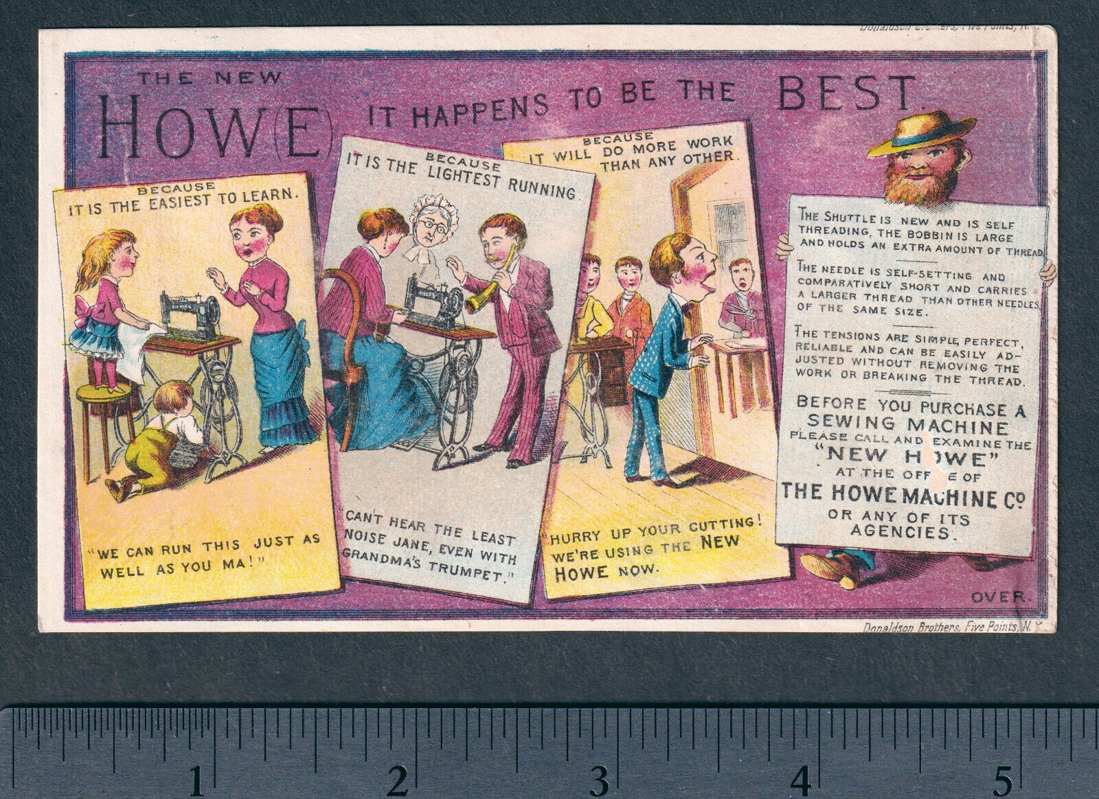 Antique 1800's comic strip Howe Sewing Machine Hearing Aid Ear Trumpet Horn CARD
