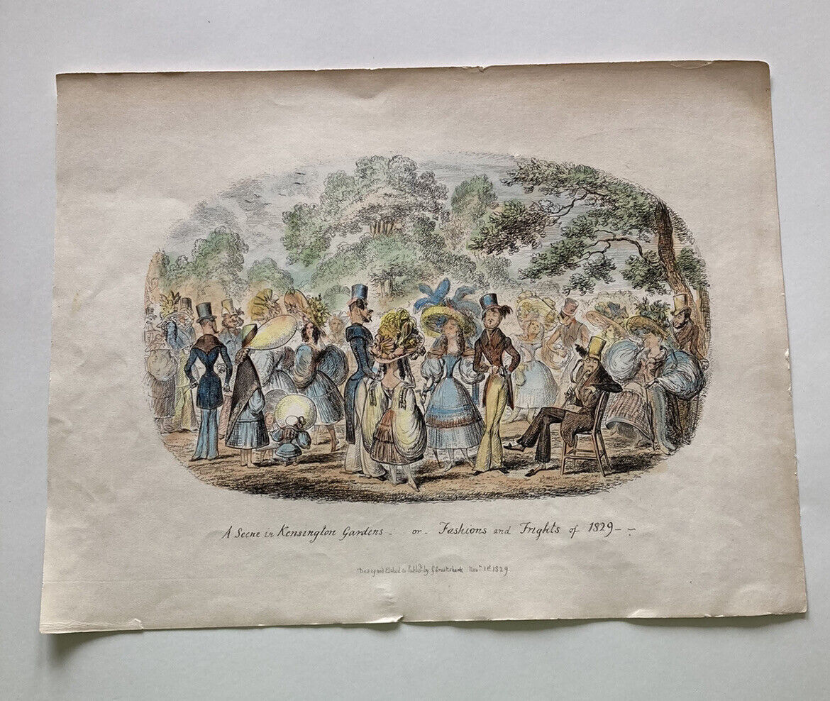 George Cruikshank Hand Colored Etching Print London Fashion Fright Cartoon 1829