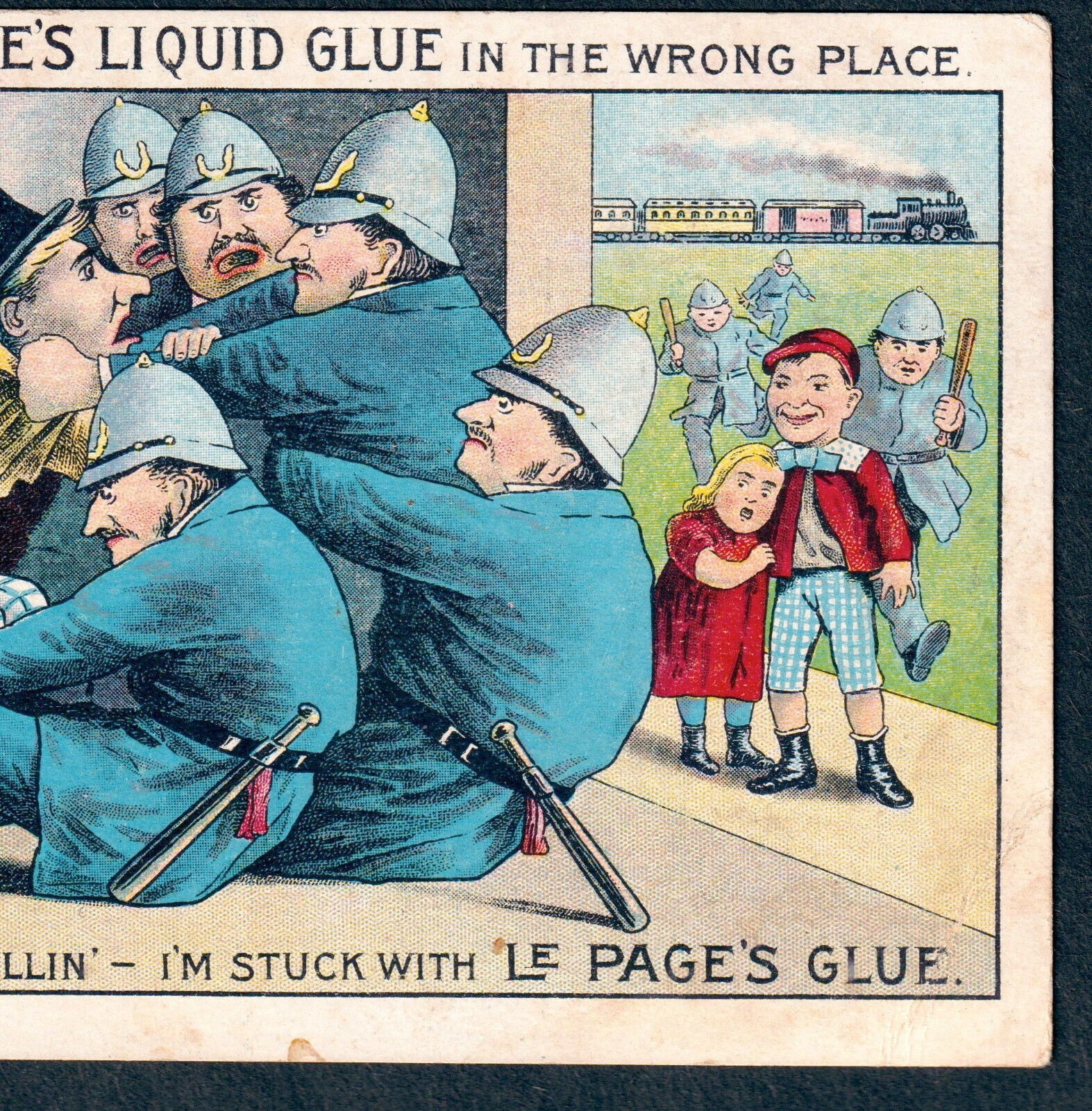 Hooper Nebraska 1800's Train Station LePages Glue Bottle Ad Cop Comic Trade Card