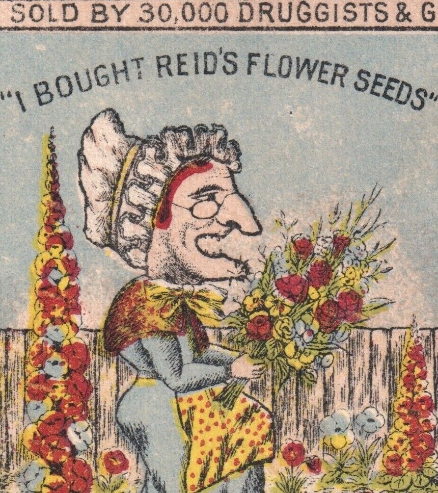 Lady Hag 1800's Comic Strip Advertising Card Reids Flower Seed G&S HMS Pinafore