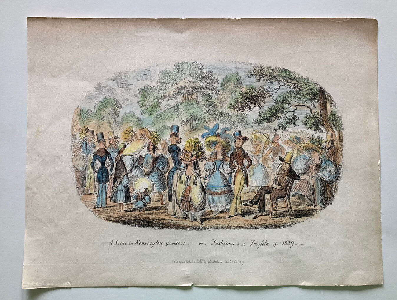 George Cruikshank Hand Colored Etching Print London Fashion Fright Cartoon 1829