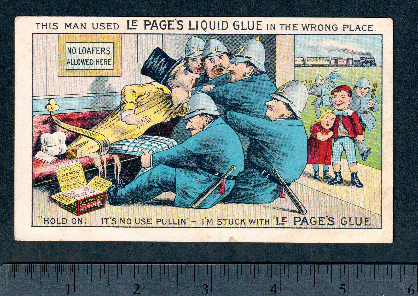 Hooper Nebraska 1800's Train Station LePages Glue Bottle Ad Cop Comic Trade Card