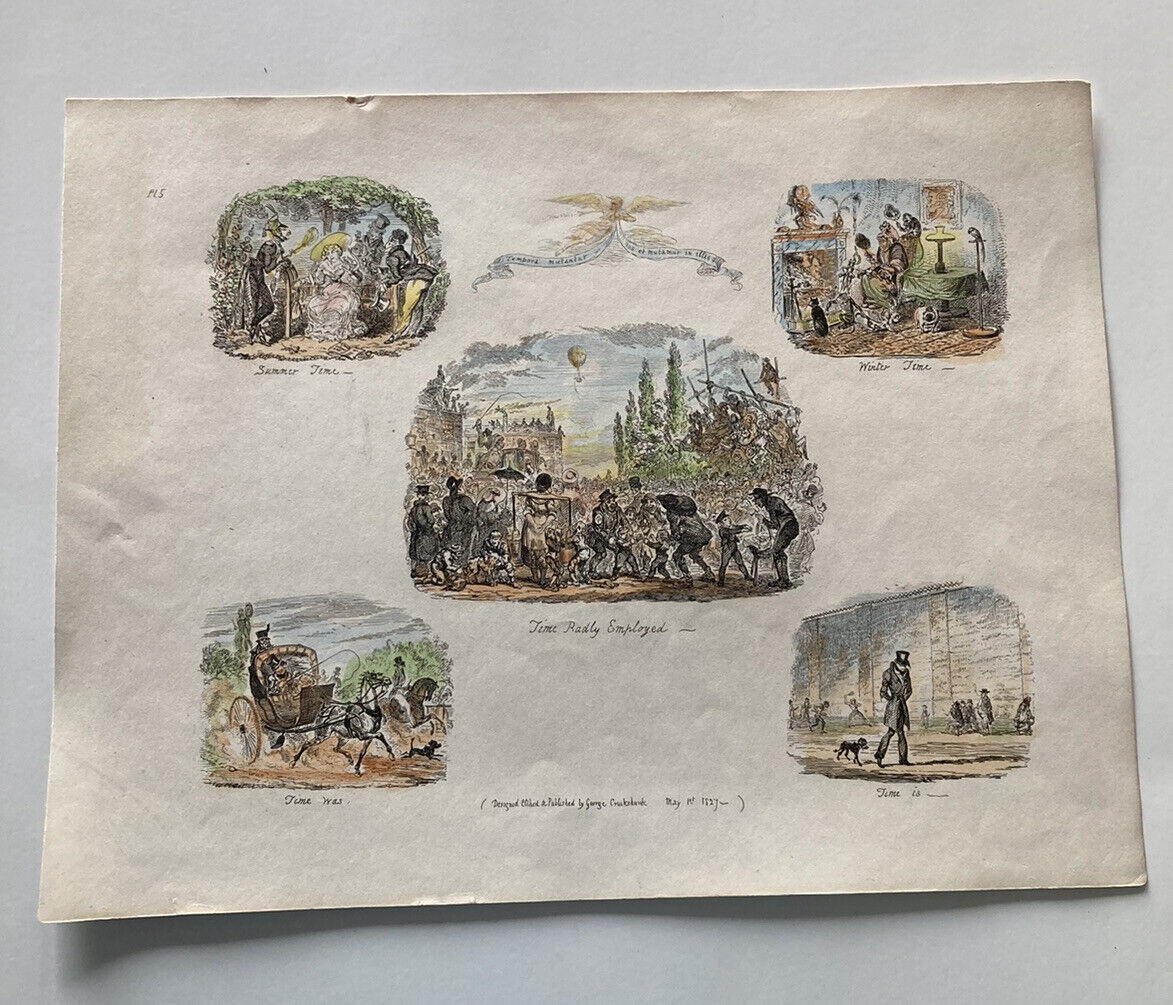 George Cruikshank Hand Colored Etching Print Time Employed Sumer Caricature 1827
