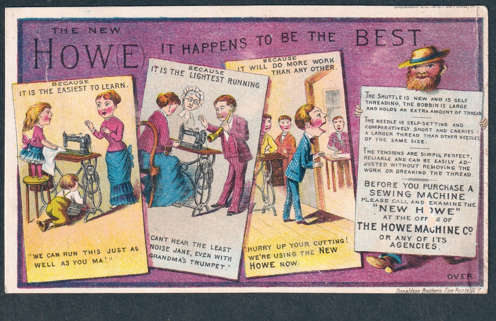 Antique 1800's comic strip Howe Sewing Machine Hearing Aid Ear Trumpet Horn CARD
