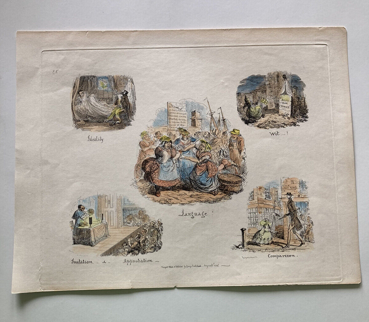 George Cruikshank Hand Colored Etching Print Caricature Language ideality 1826