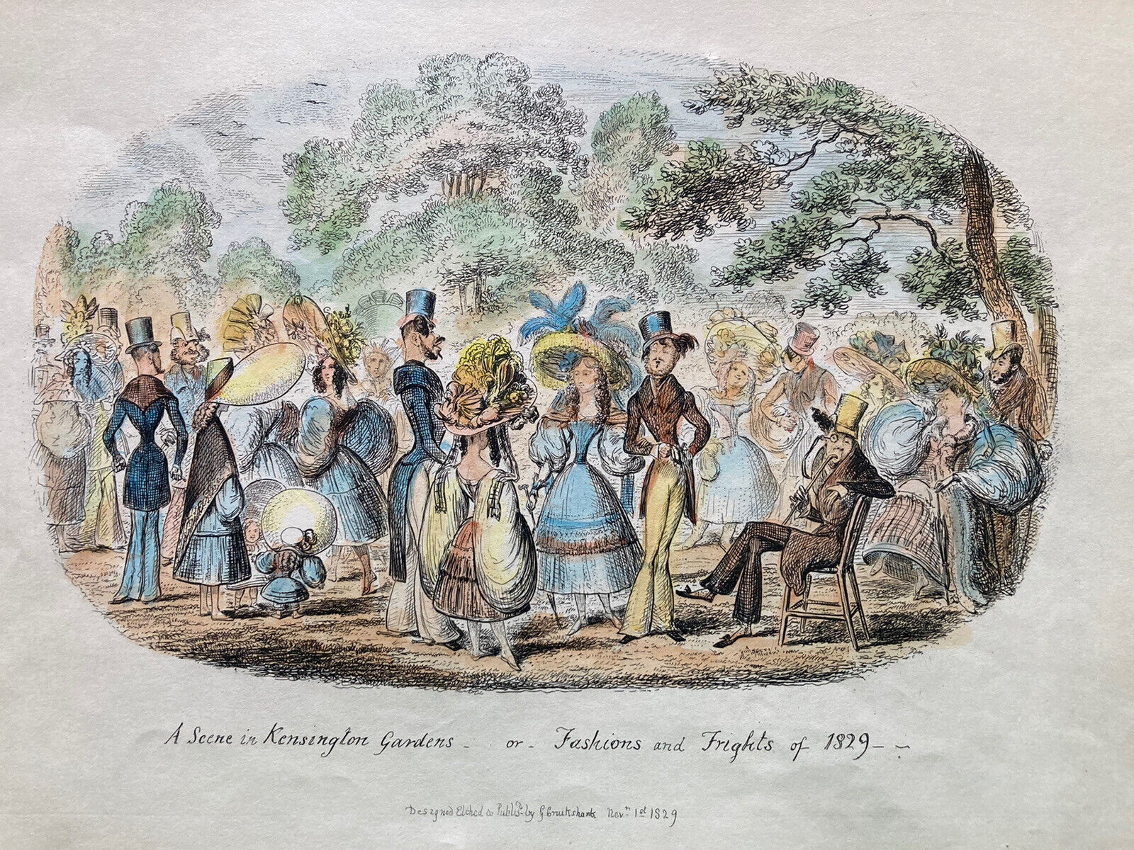 George Cruikshank Hand Colored Etching Print London Fashion Fright Cartoon 1829