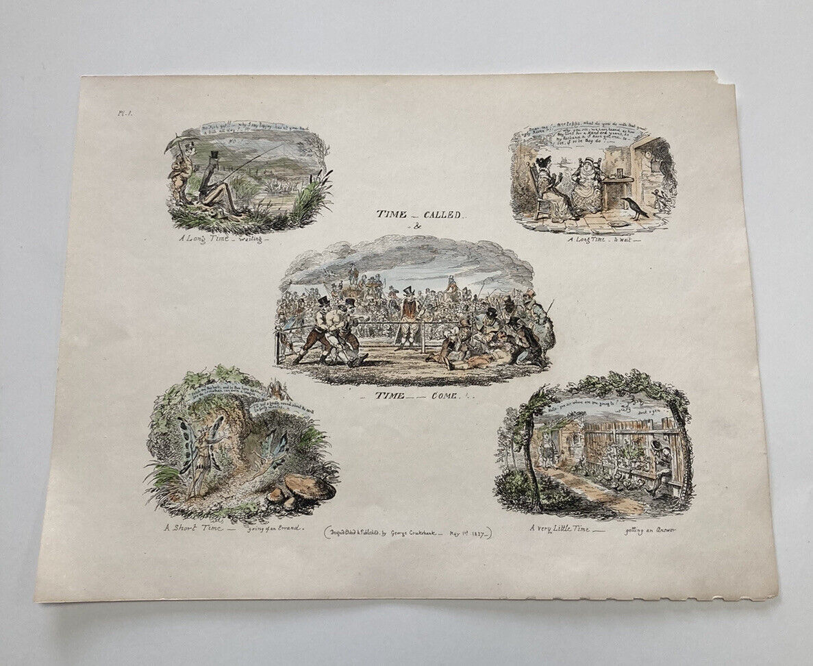 George Cruikshank Hand Colored Etching Print Time Called Come Caricature 1827