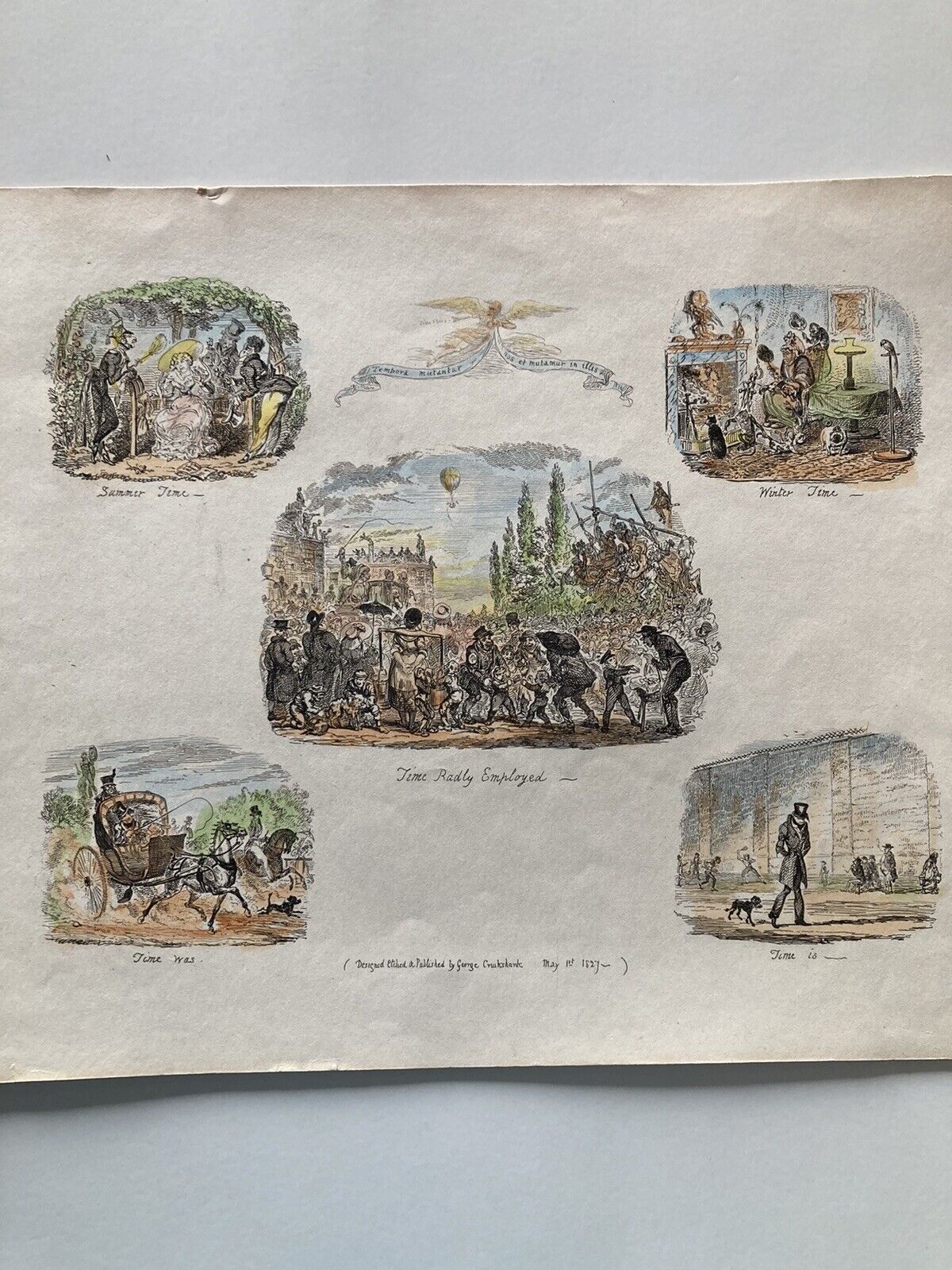 George Cruikshank Hand Colored Etching Print Time Employed Sumer Caricature 1827