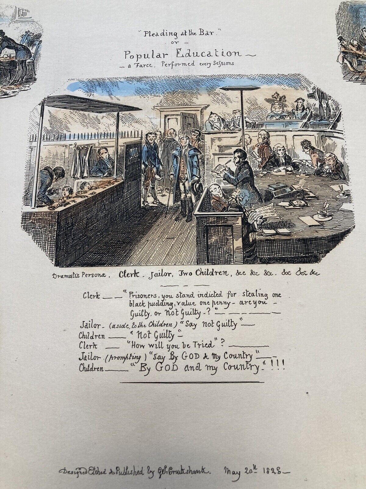 George Cruikshank Hand Colored Etching Print Pleading At The Bar Caricature 1828