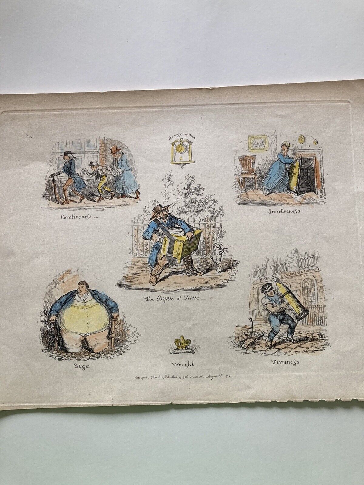 George Cruikshank Hand Colored Etching Print Caricature Weight Size Firmnes 1826