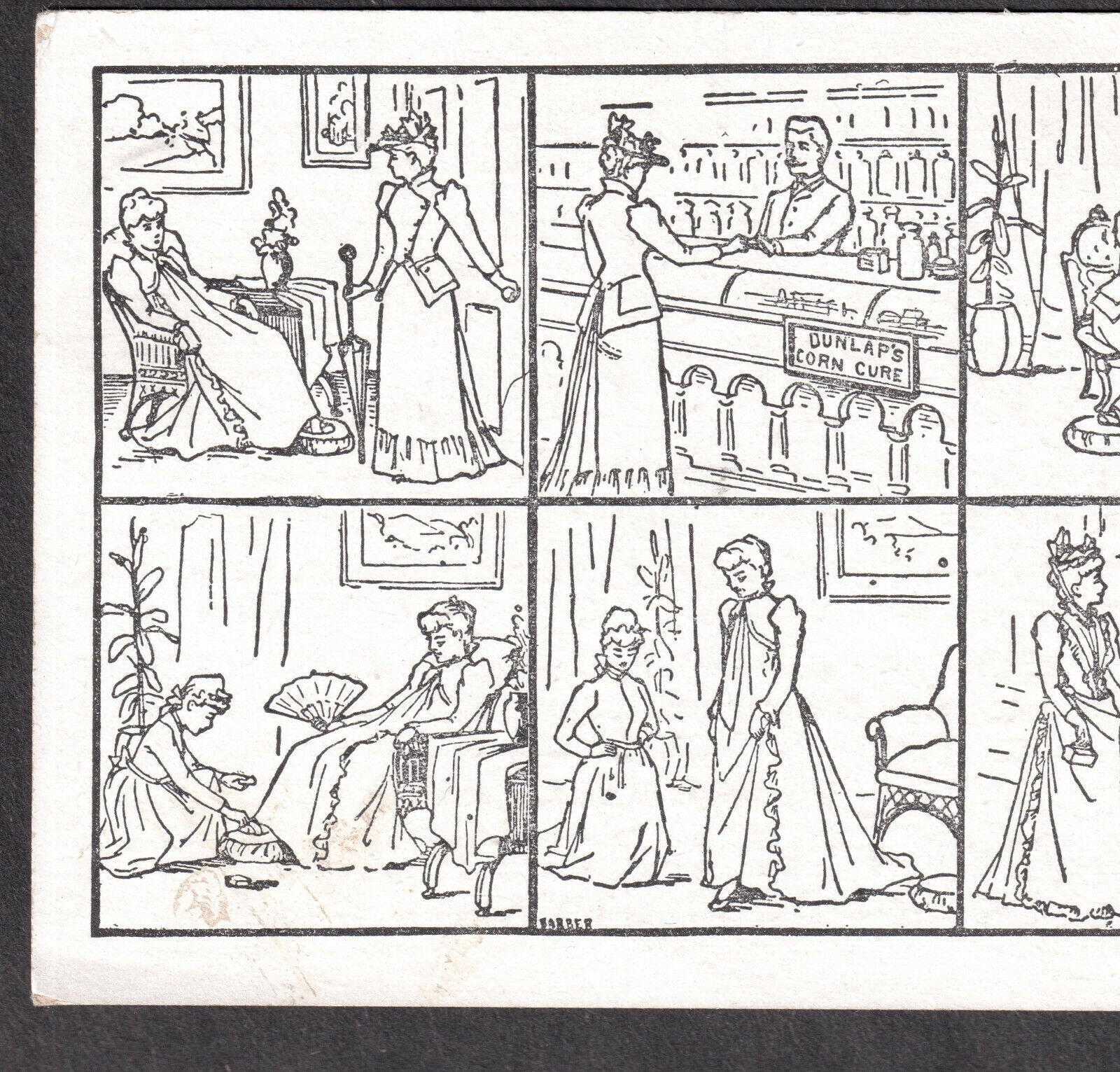 1800's comic strip Drug Store Dunlaps Corn Cure Before & After Advertising CARD