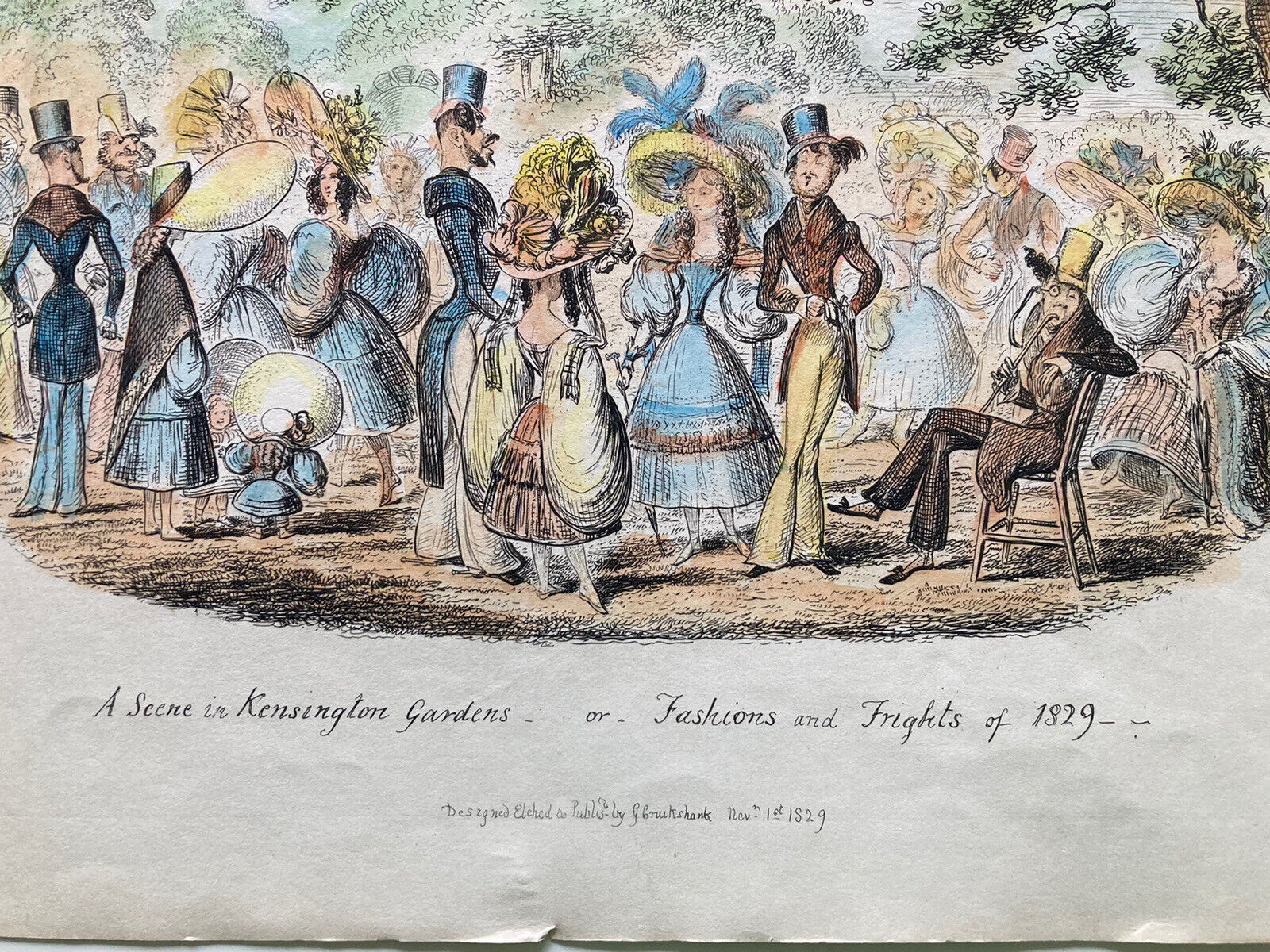 George Cruikshank Hand Colored Etching Print London Fashion Fright Cartoon 1829