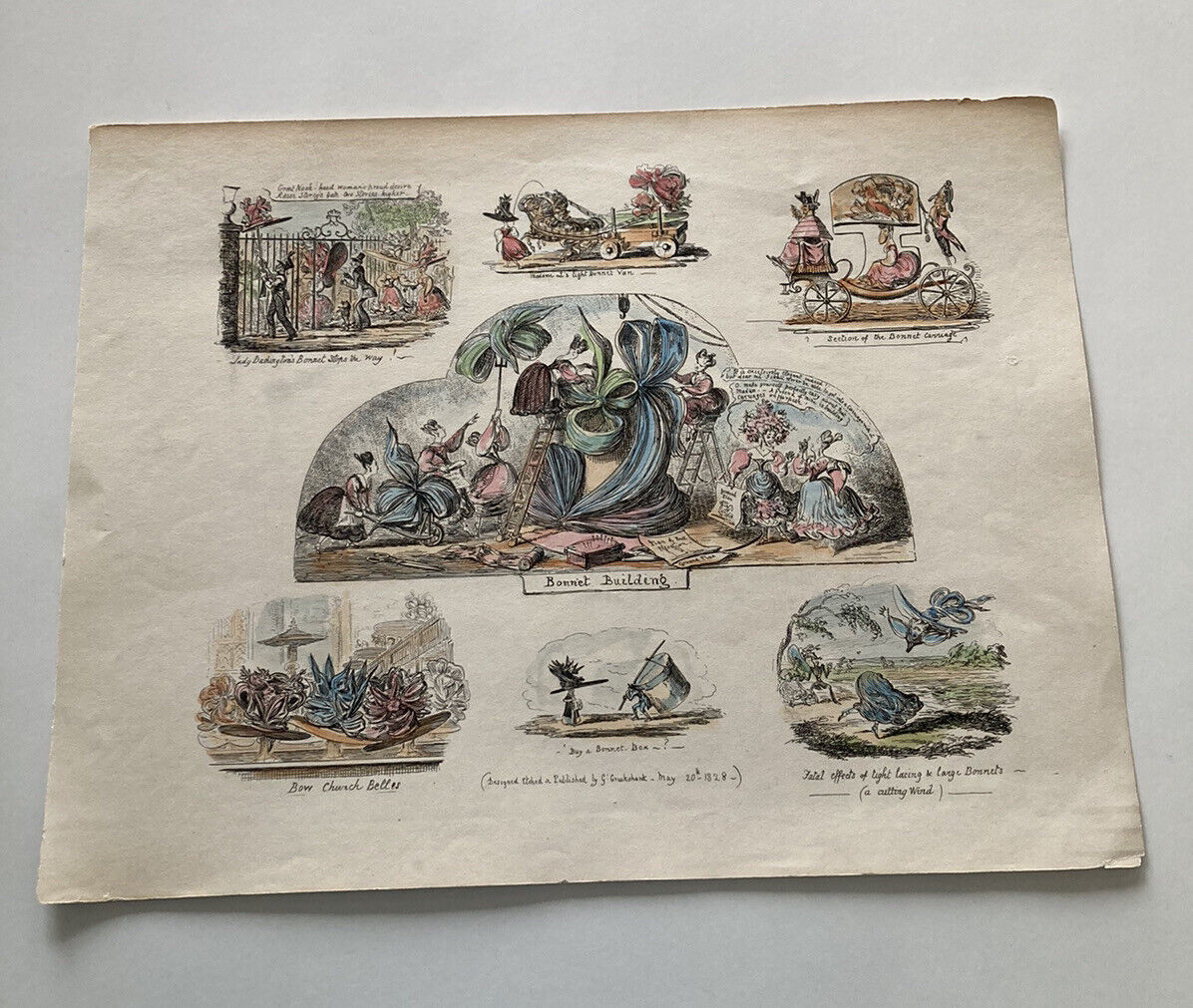 George Cruikshank Hand Colored Etching Print Bonnet Building Caricature 1828