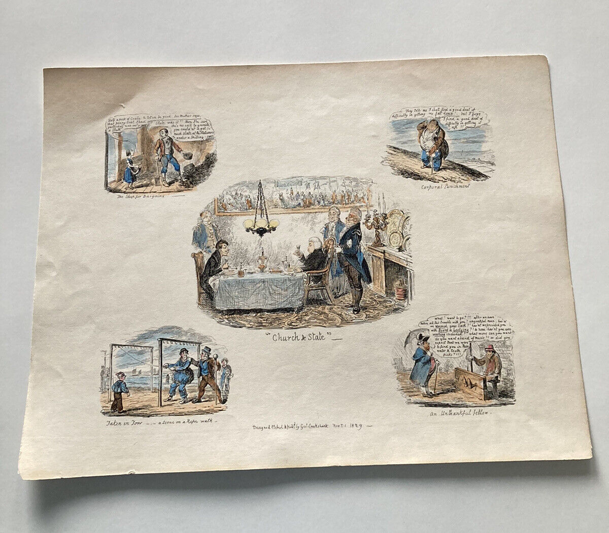 George Cruikshank Hand Colored Etching Print Chief And State Caricature 1829