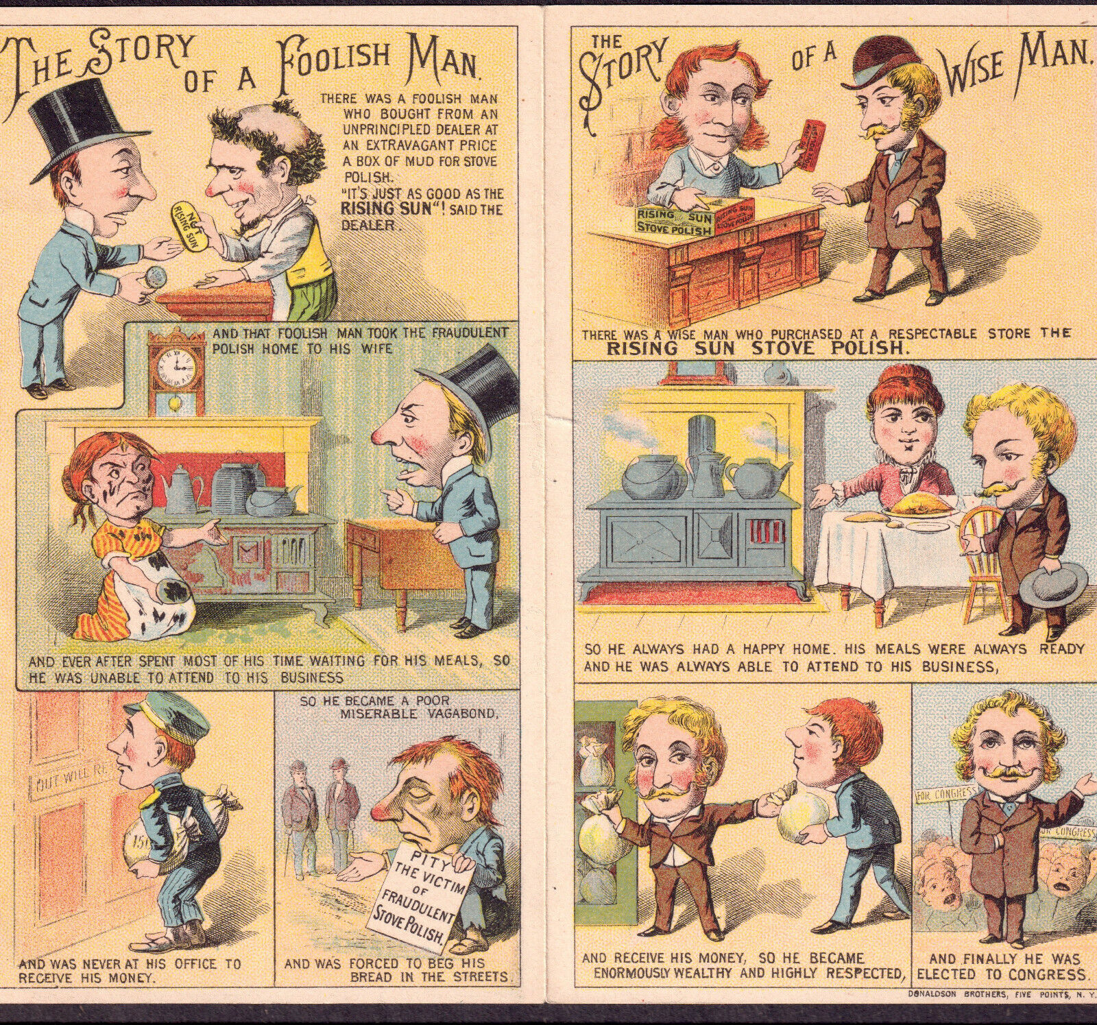 1800's comic strip story Rags or Riches Wise Fool Stove Polish Advertising CARD