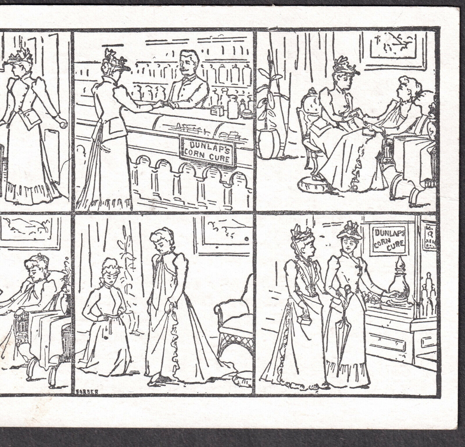 1800's comic strip Drug Store Dunlaps Corn Cure Before & After Advertising CARD