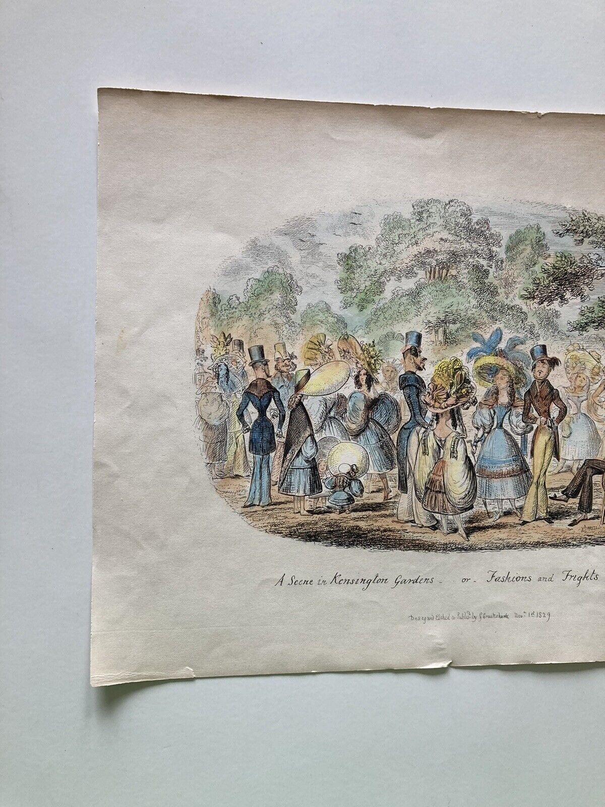 George Cruikshank Hand Colored Etching Print London Fashion Fright Cartoon 1829