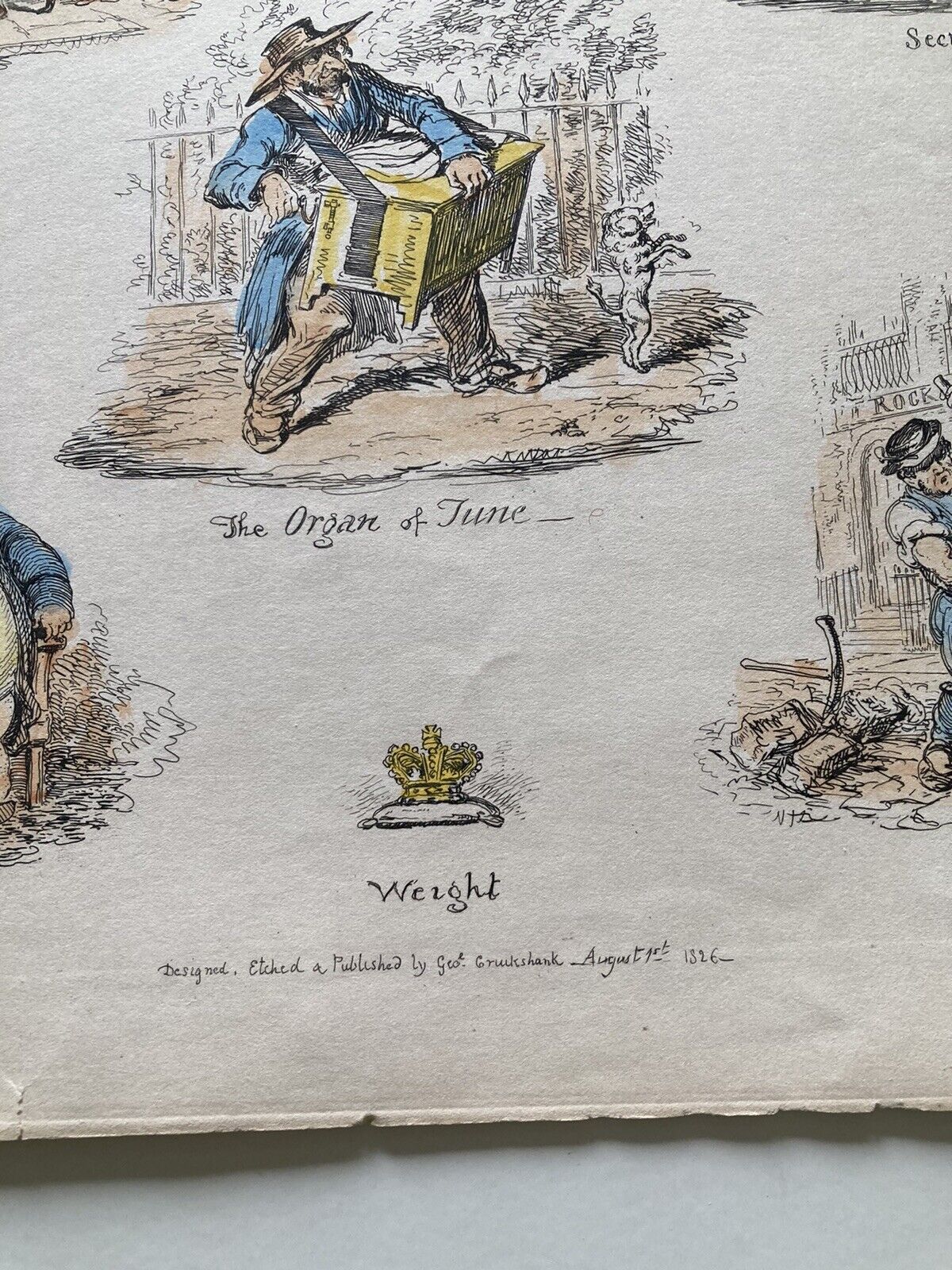 George Cruikshank Hand Colored Etching Print Caricature Weight Size Firmnes 1826
