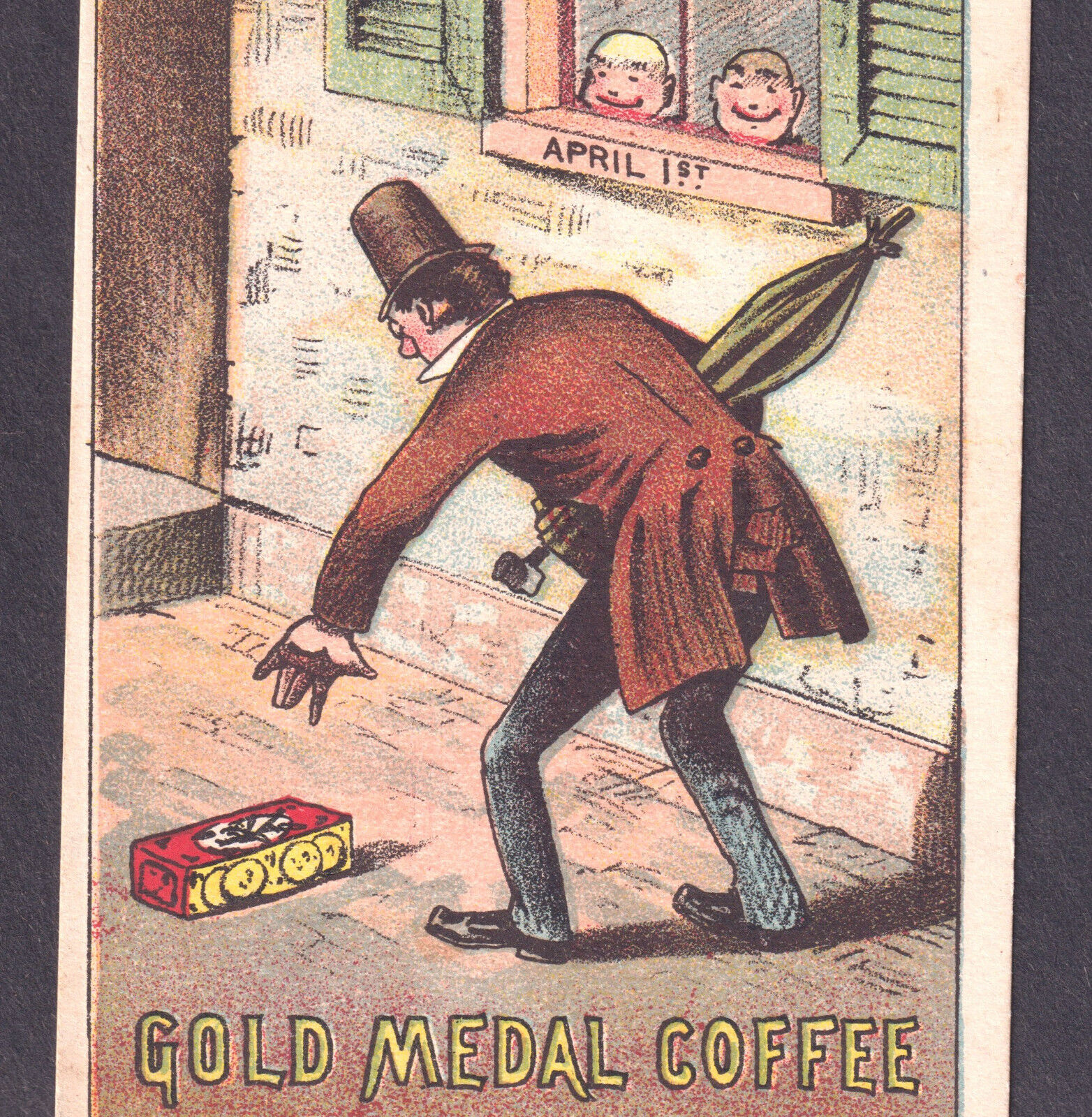 April Fools Day 1800s Prank Gold Medal Coffee Antique Comic Victorian Trade Card