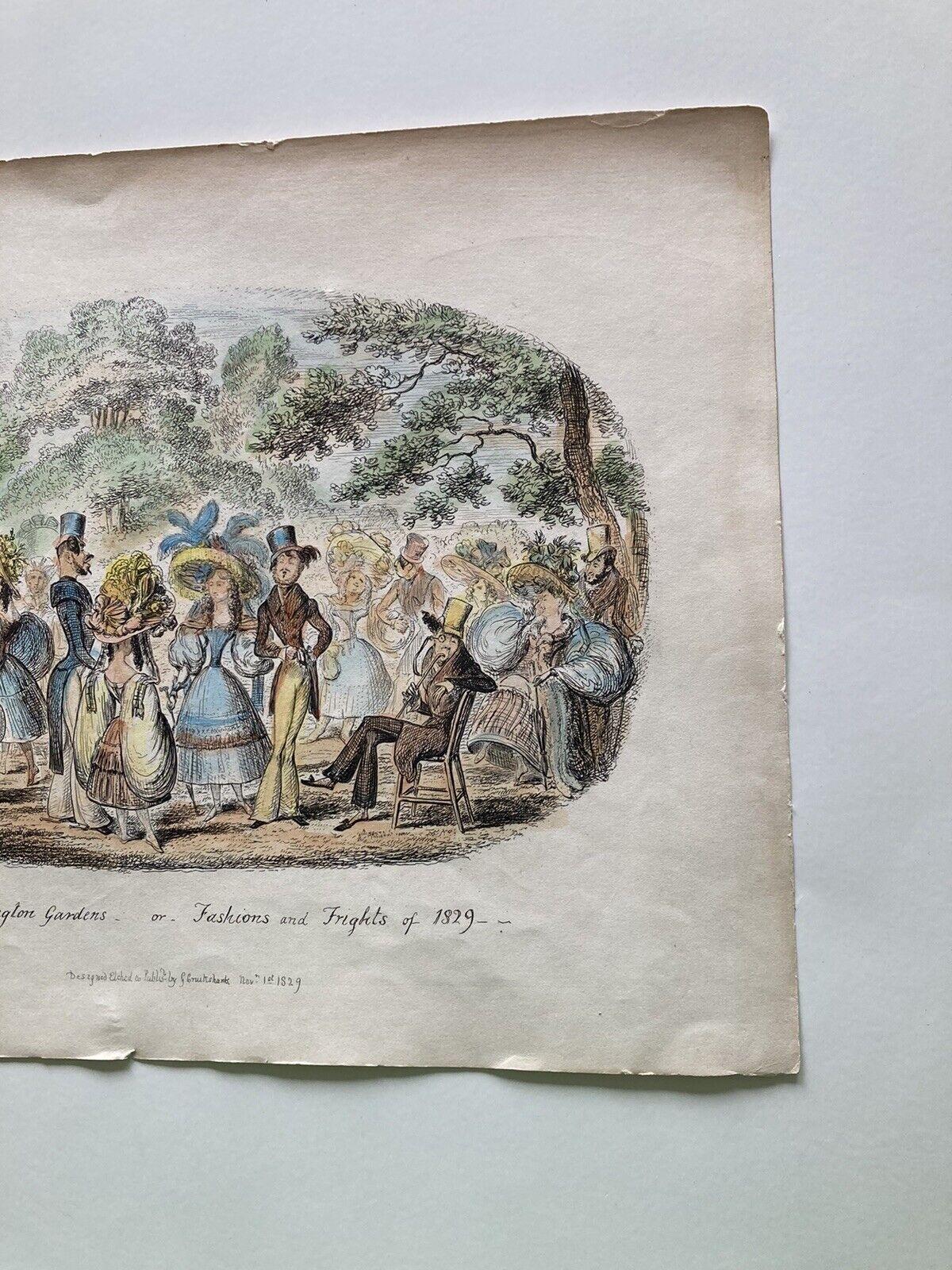 George Cruikshank Hand Colored Etching Print London Fashion Fright Cartoon 1829