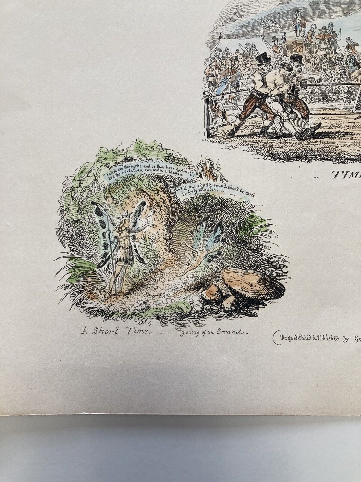 George Cruikshank Hand Colored Etching Print Time Called Come Caricature 1827