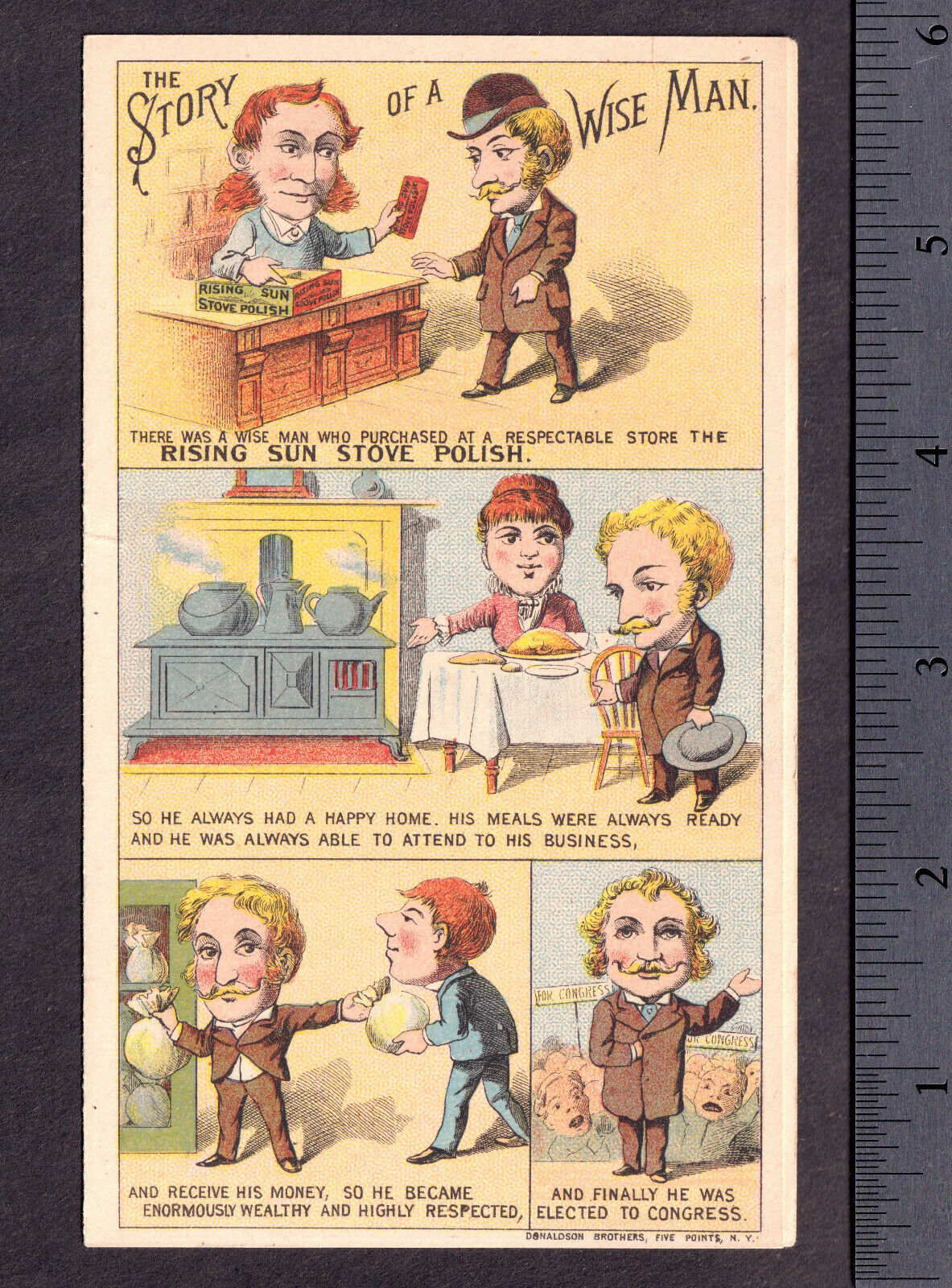1800's comic strip story Rags or Riches Wise Fool Stove Polish Advertising CARD