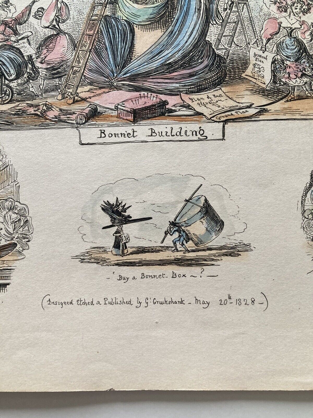 George Cruikshank Hand Colored Etching Print Bonnet Building Caricature 1828