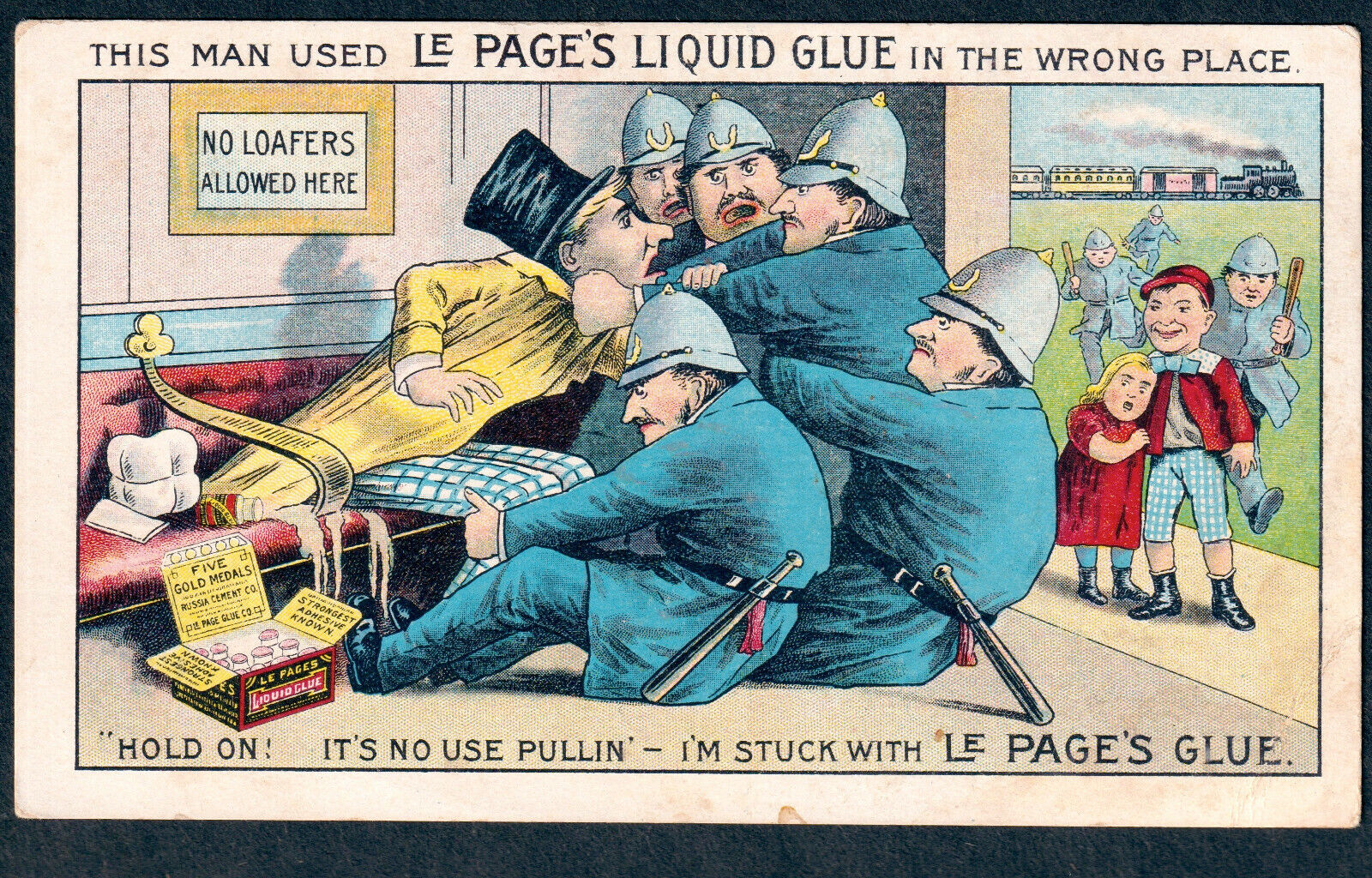 Hooper Nebraska 1800's Train Station LePages Glue Bottle Ad Cop Comic Trade Card