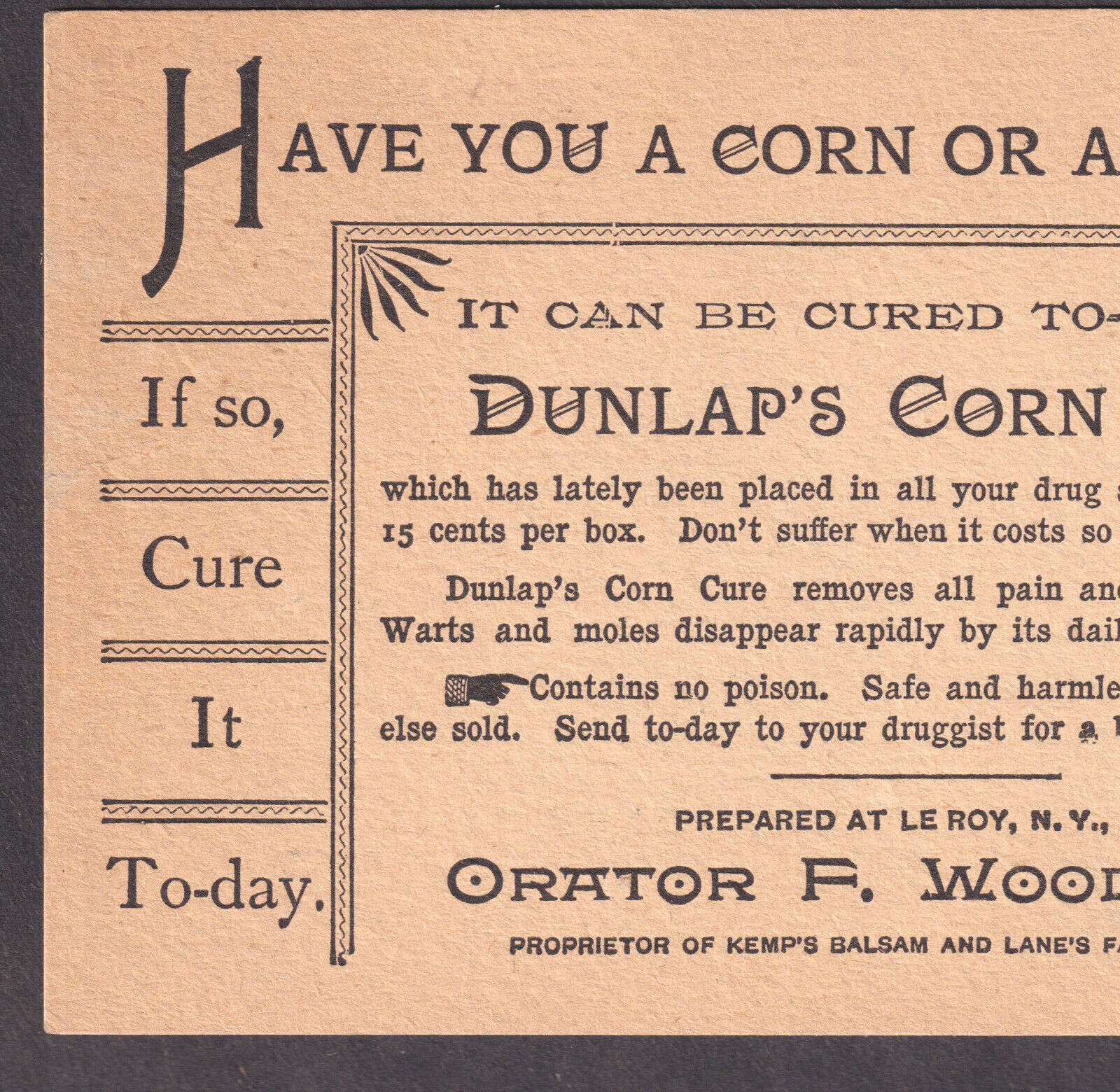 1800's comic strip Drug Store Dunlaps Corn Cure Before & After Advertising CARD