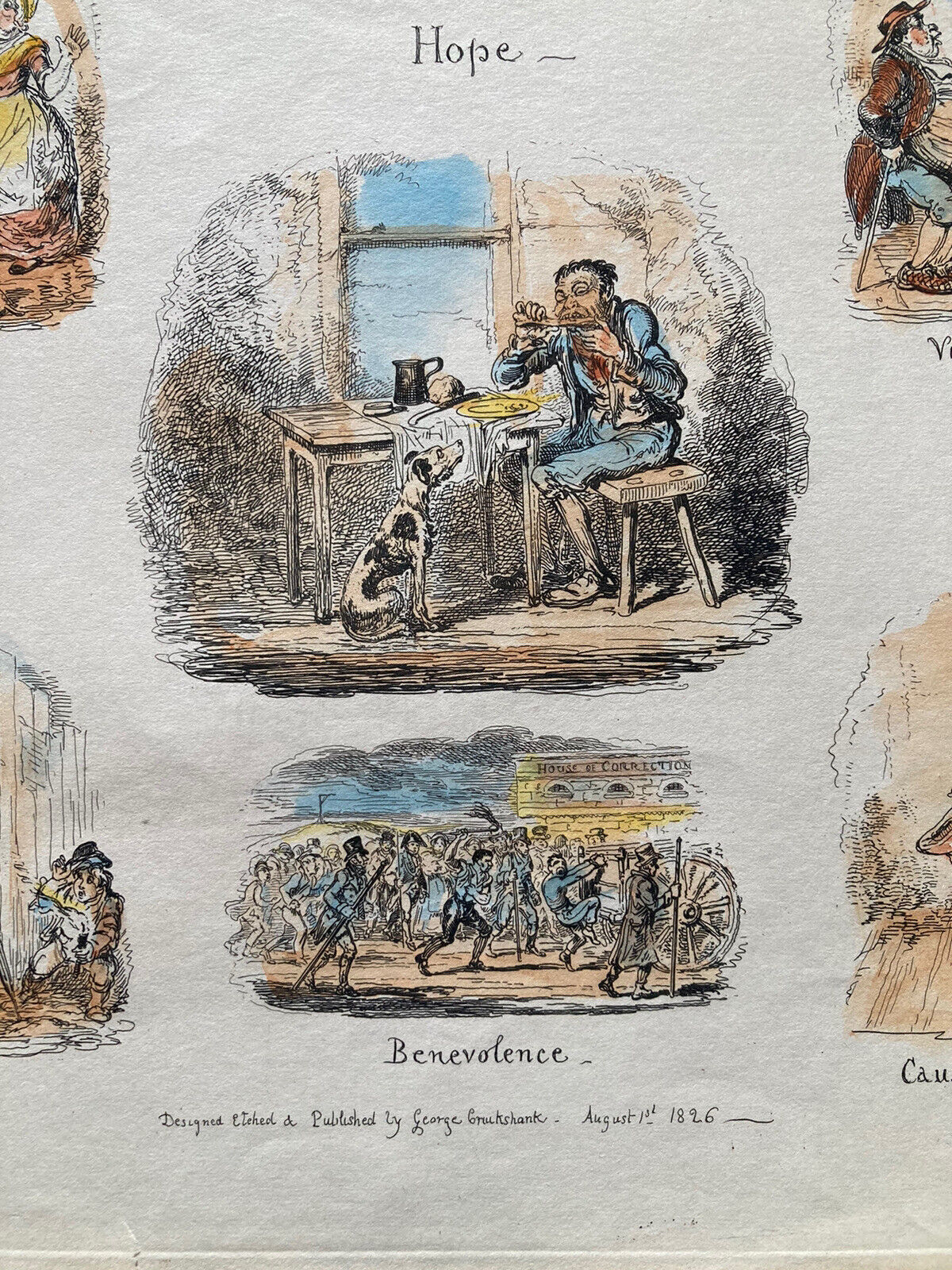 George Cruikshank Hand Colored Etching Print Hope Benevolence Engraving 1826