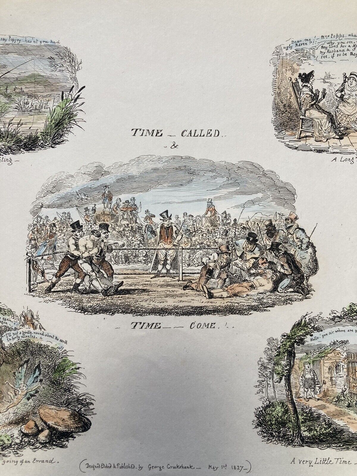 George Cruikshank Hand Colored Etching Print Time Called Come Caricature 1827