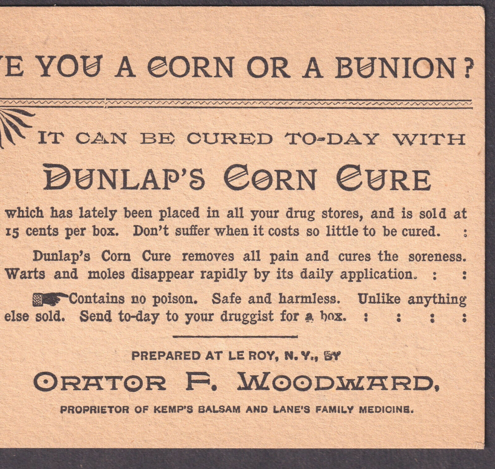 1800's comic strip Drug Store Dunlaps Corn Cure Before & After Advertising CARD