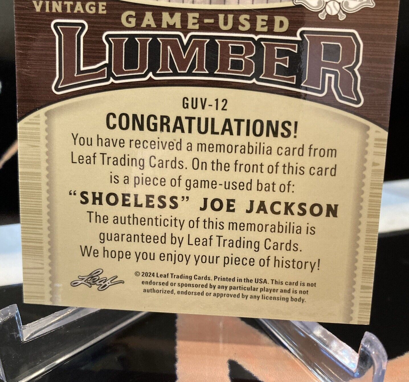 SHOELESS JOE JACKSON 2024 LEAF LUMBER VINTAGE GAME USED MEMORABILIA BAT RELIC /6