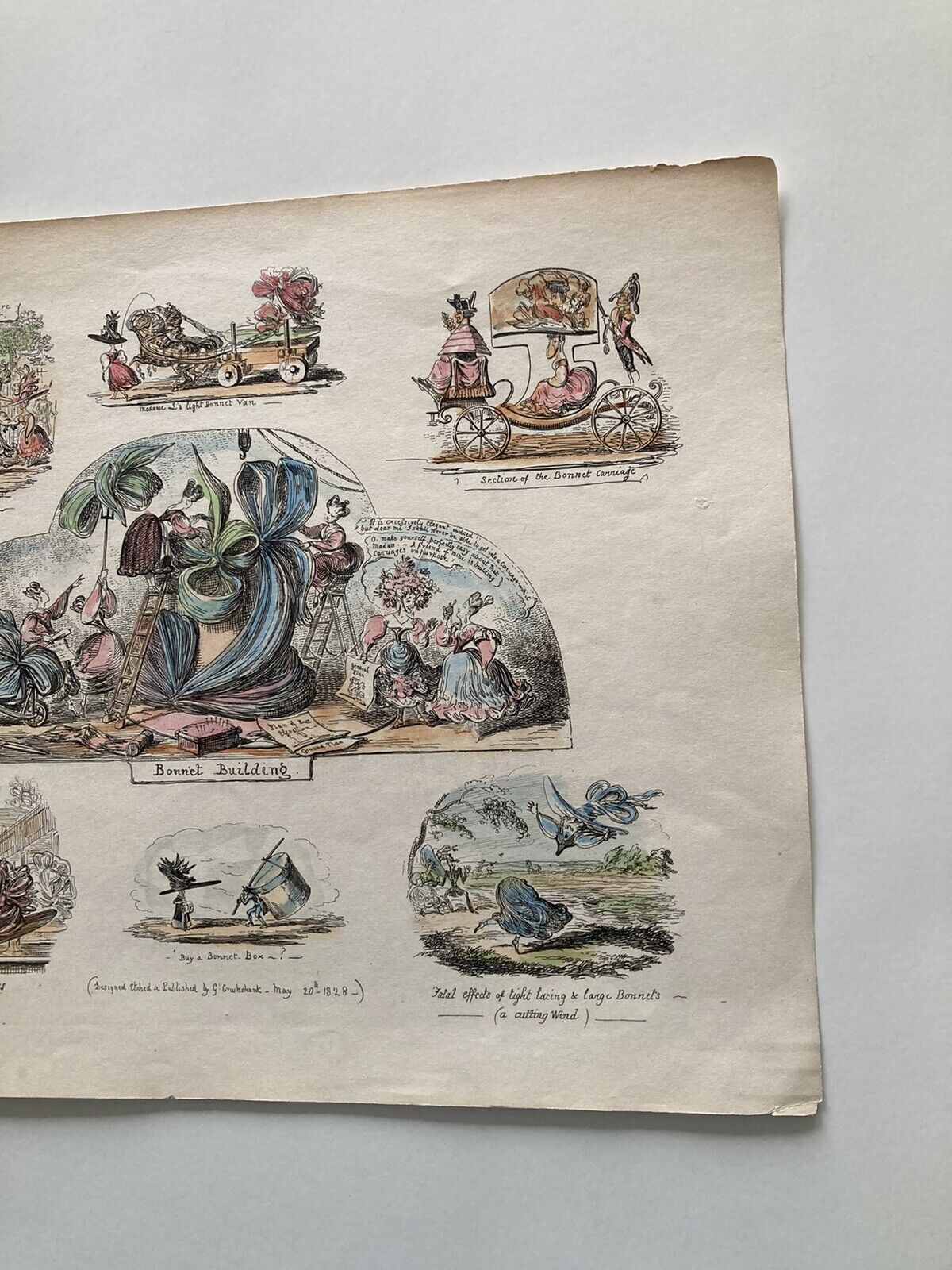 George Cruikshank Hand Colored Etching Print Bonnet Building Caricature 1828